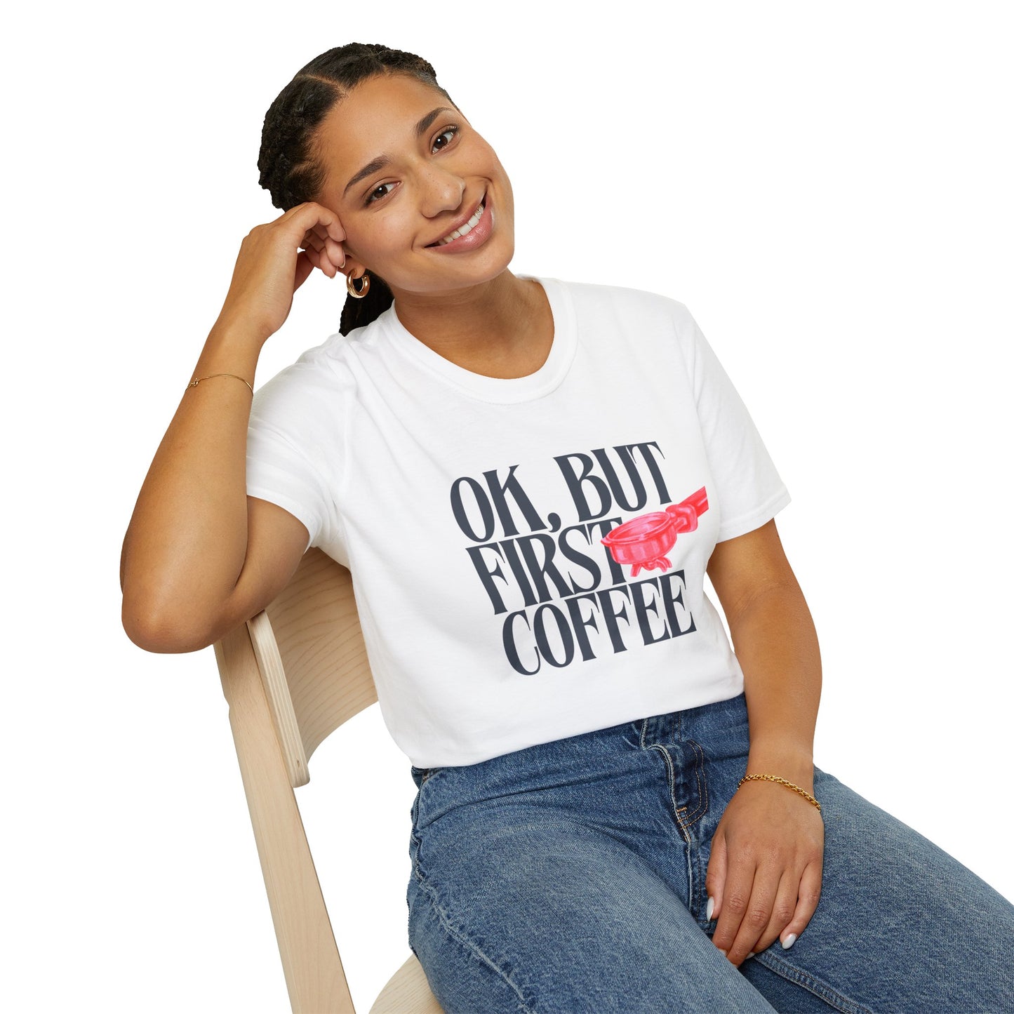 Okay But Coffee First T-Shirt – Retro Caffeine Lover Graphic Tee with Vintage-Inspired Typography