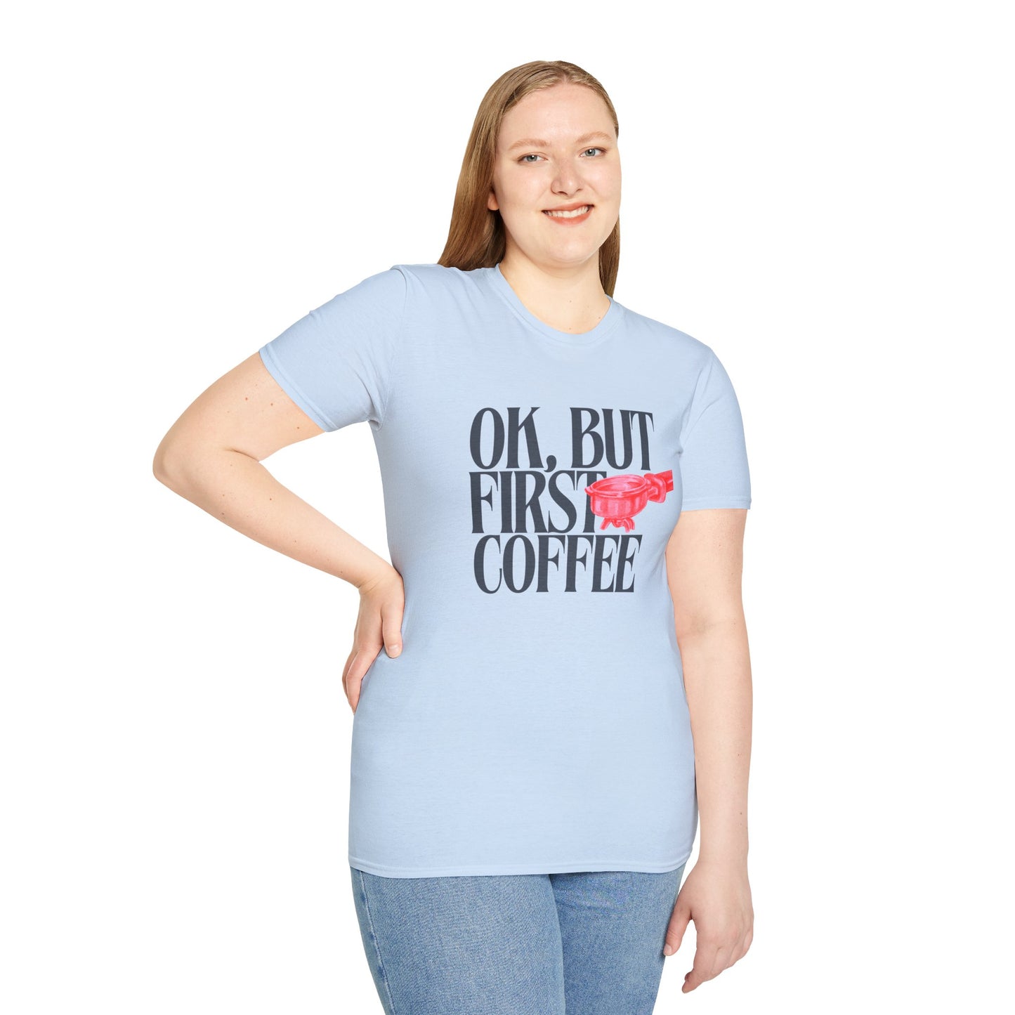Okay But Coffee First T-Shirt – Retro Caffeine Lover Graphic Tee with Vintage-Inspired Typography
