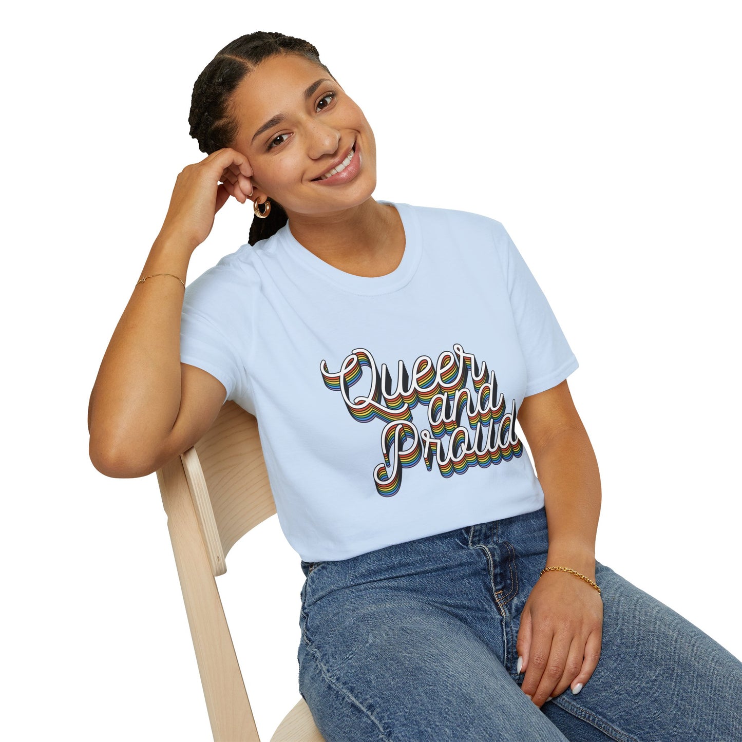 Queer and Proud T-Shirt – Rainbow Uplifted LGBTQ+ Pride Graphic Tee with Bold Inclusive Design