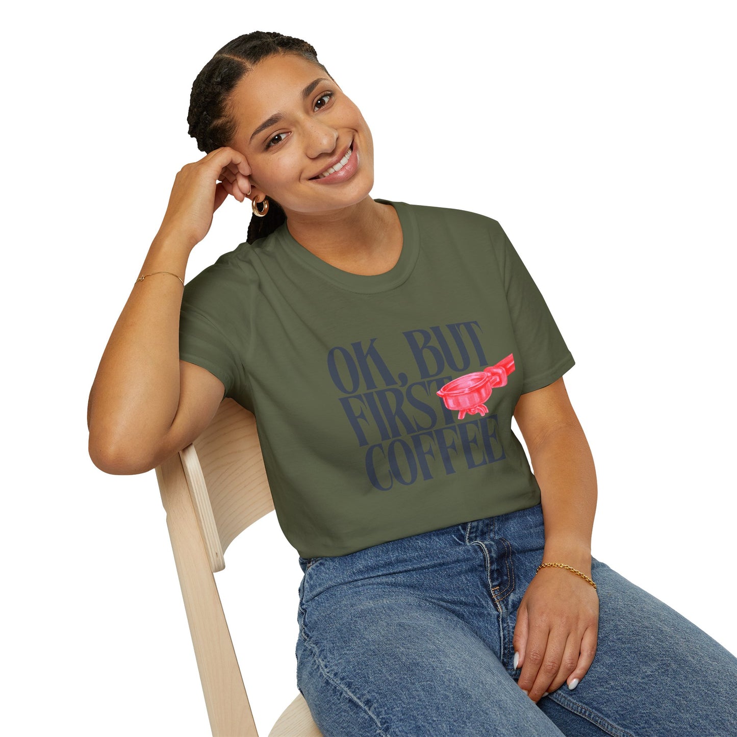 Okay But Coffee First T-Shirt – Retro Caffeine Lover Graphic Tee with Vintage-Inspired Typography
