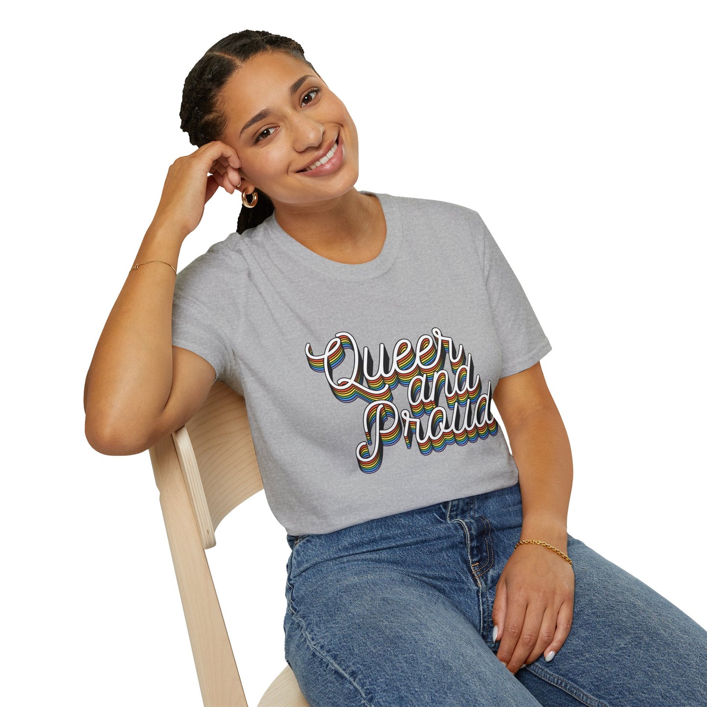 Queer and Proud T-Shirt – Rainbow Uplifted LGBTQ+ Pride Graphic Tee with Bold Inclusive Design