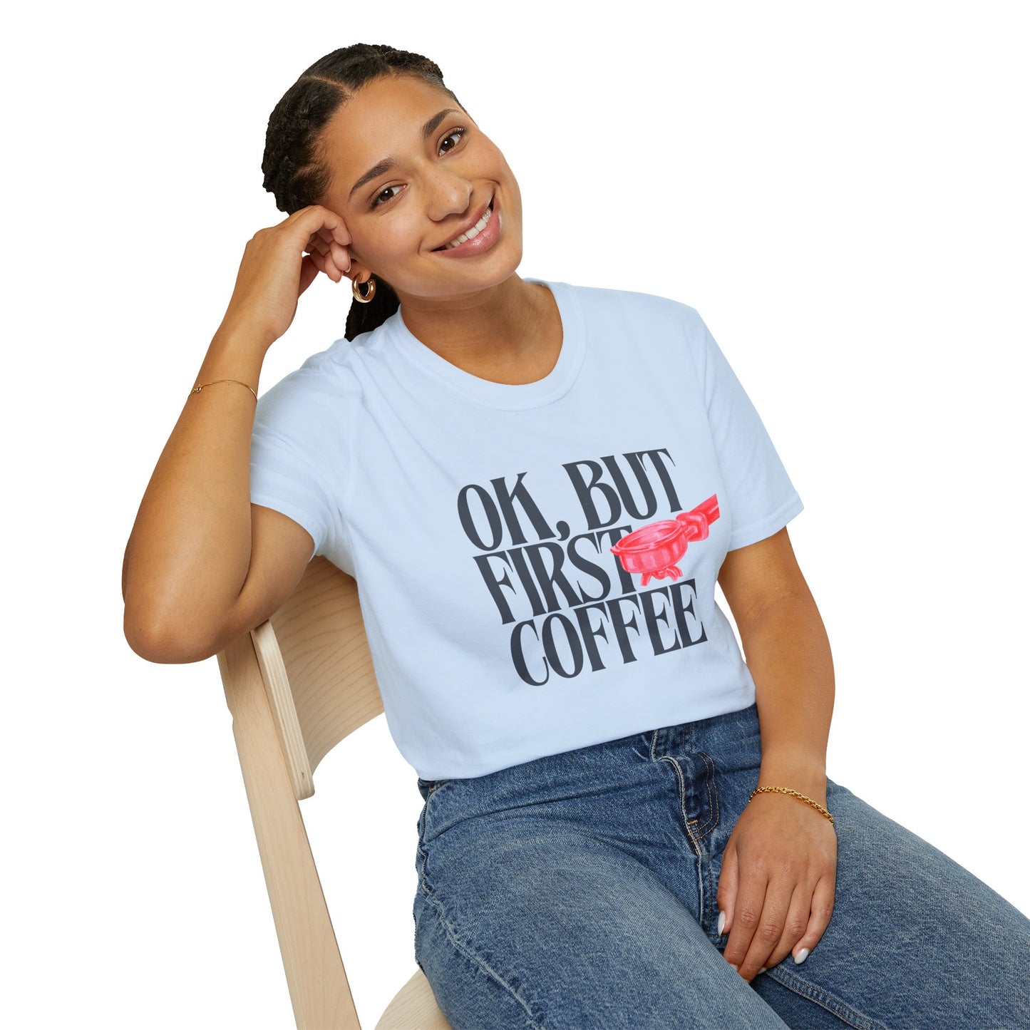 Okay But Coffee First T-Shirt – Retro Caffeine Lover Graphic Tee with Vintage-Inspired Typography