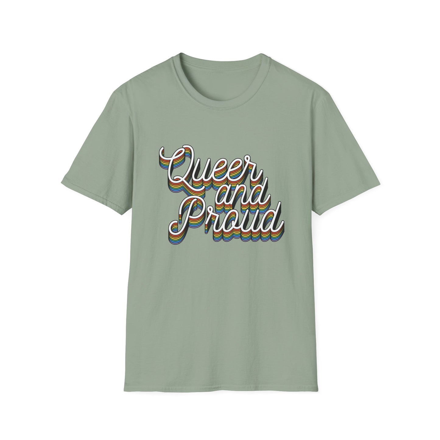 Queer and Proud T-Shirt – Rainbow Uplifted LGBTQ+ Pride Graphic Tee with Bold Inclusive Design