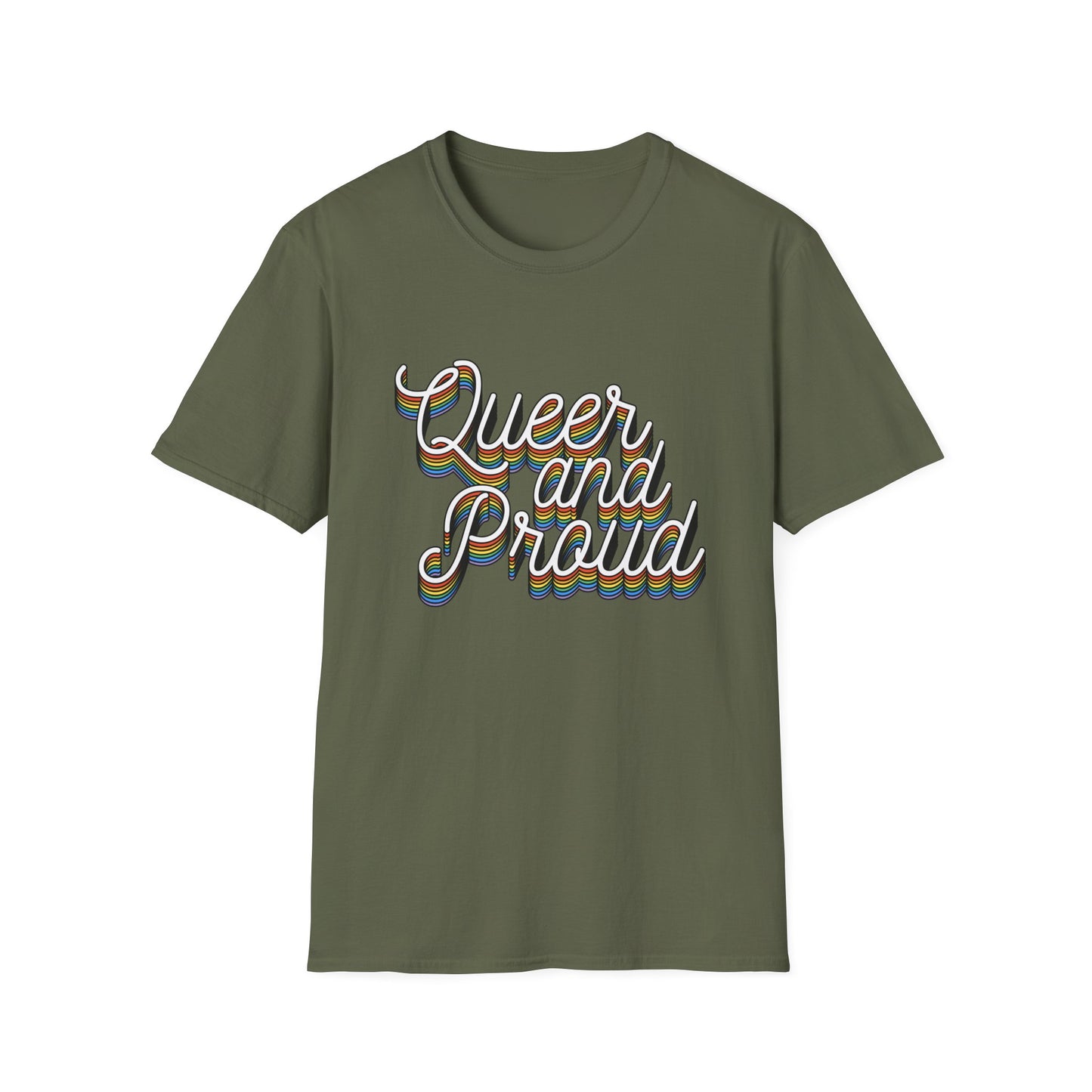 Queer and Proud T-Shirt – Rainbow Uplifted LGBTQ+ Pride Graphic Tee with Bold Inclusive Design