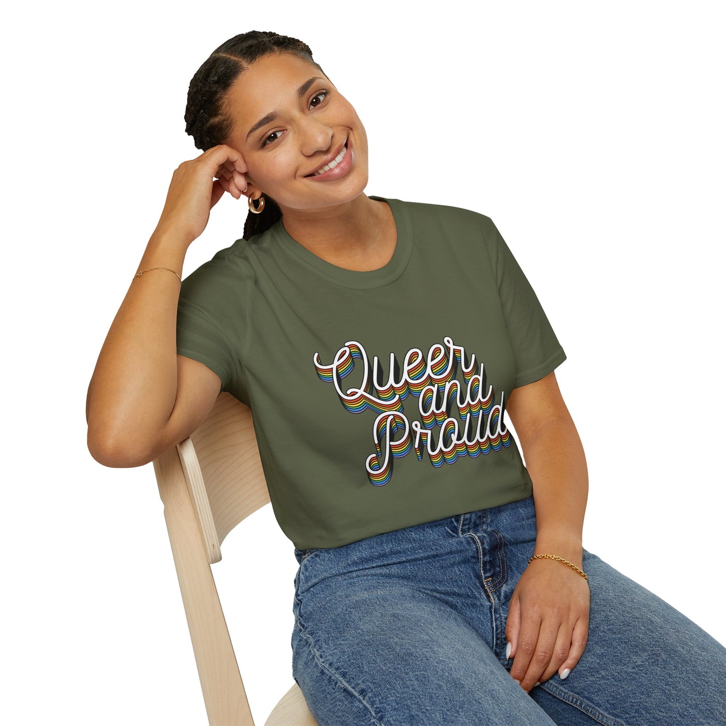 Queer and Proud T-Shirt – Rainbow Uplifted LGBTQ+ Pride Graphic Tee with Bold Inclusive Design