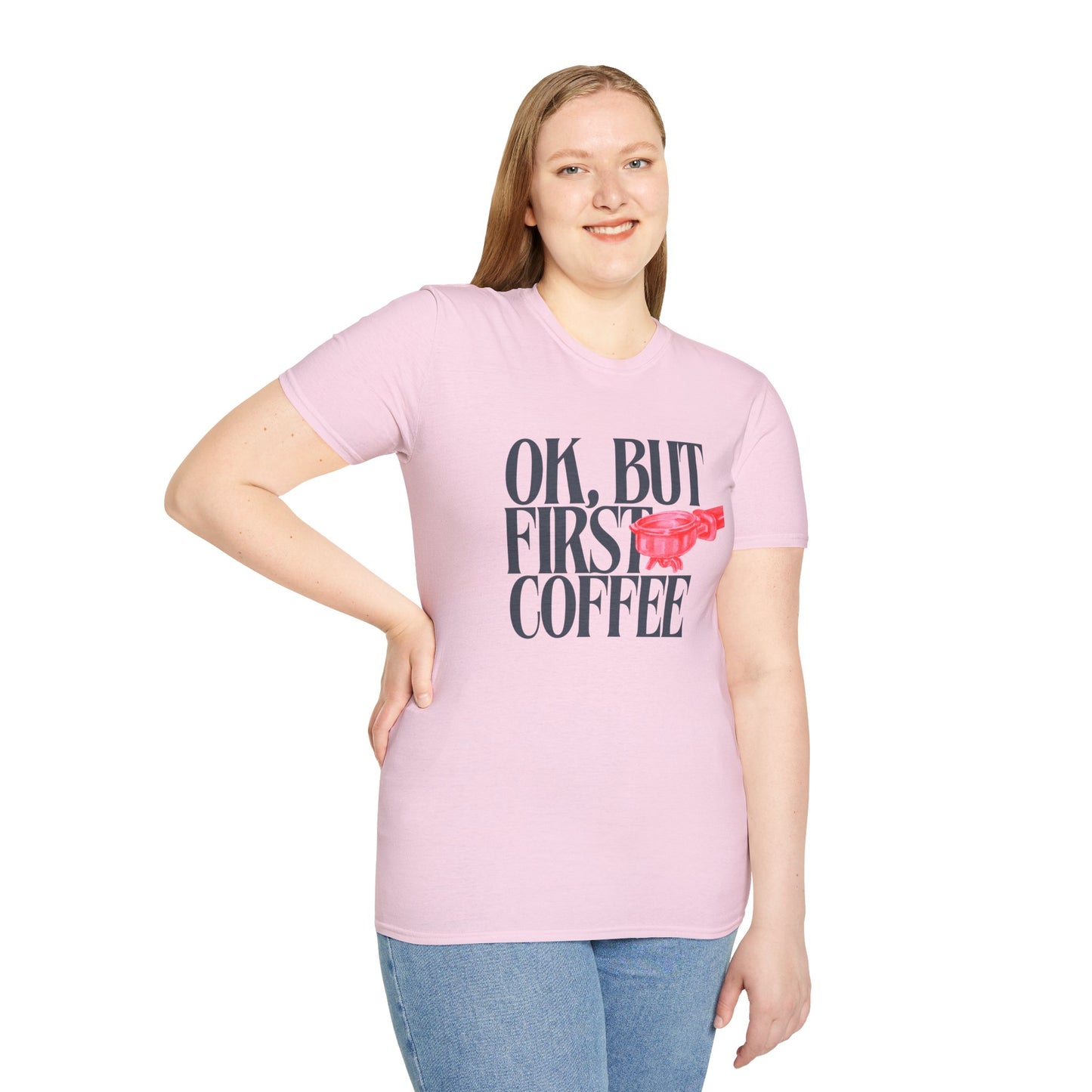 Okay But Coffee First T-Shirt – Retro Caffeine Lover Graphic Tee with Vintage-Inspired Typography