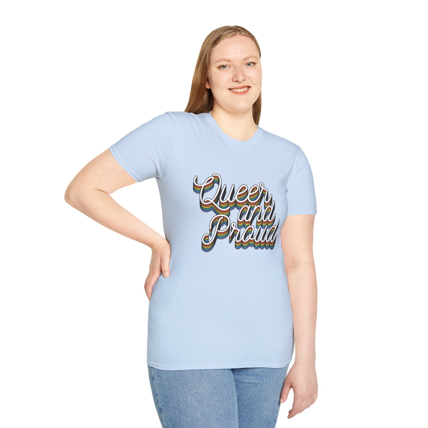 Queer and Proud T-Shirt – Rainbow Uplifted LGBTQ+ Pride Graphic Tee with Bold Inclusive Design