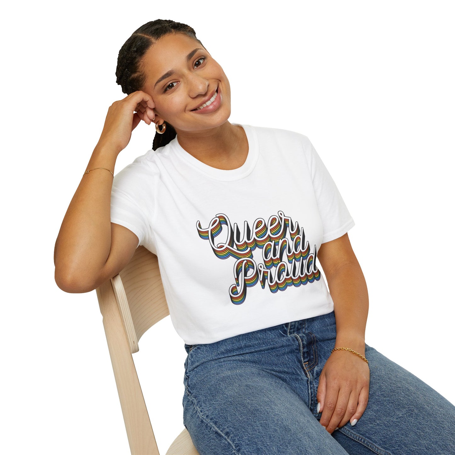 Queer and Proud T-Shirt – Rainbow Uplifted LGBTQ+ Pride Graphic Tee with Bold Inclusive Design