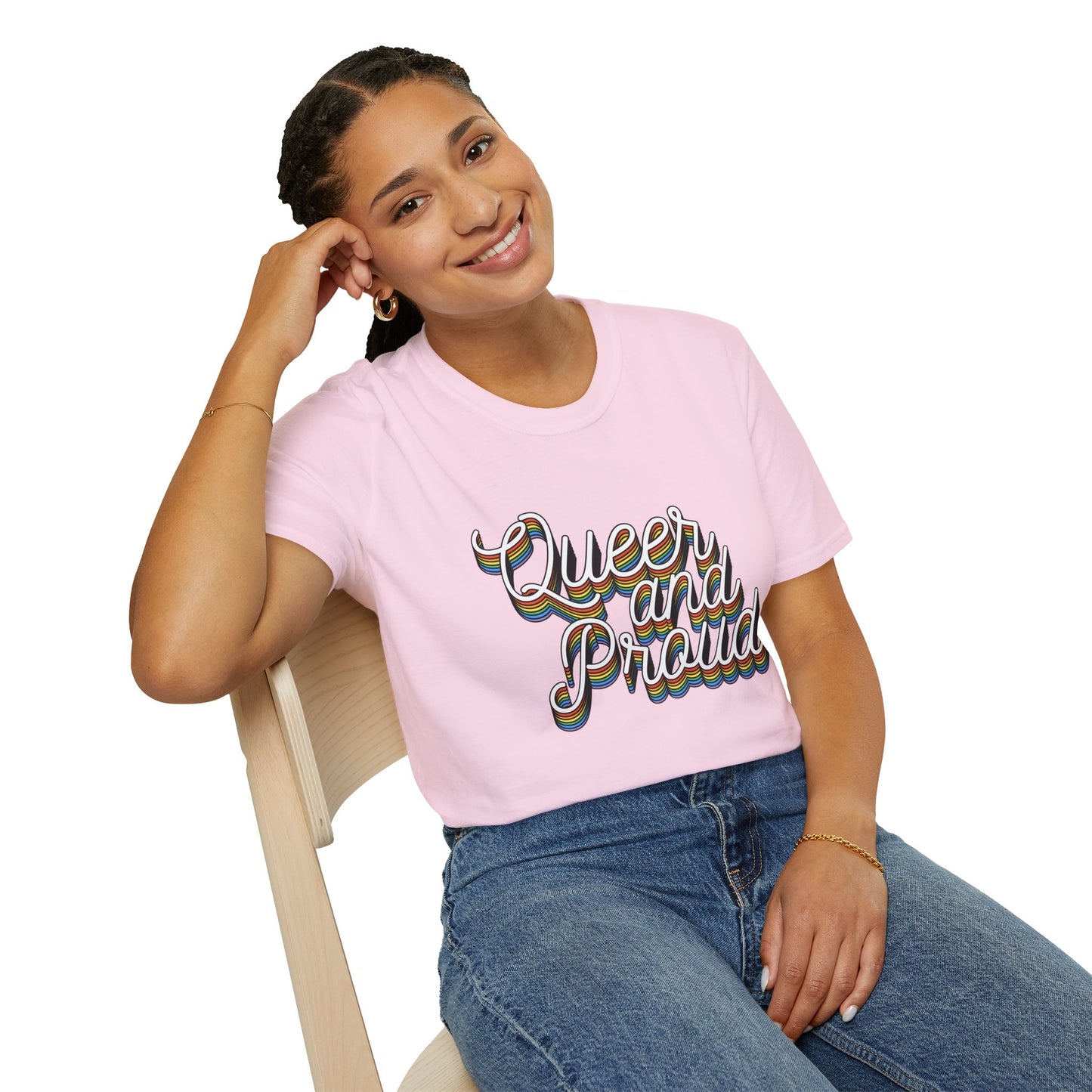 Queer and Proud T-Shirt – Rainbow Uplifted LGBTQ+ Pride Graphic Tee with Bold Inclusive Design