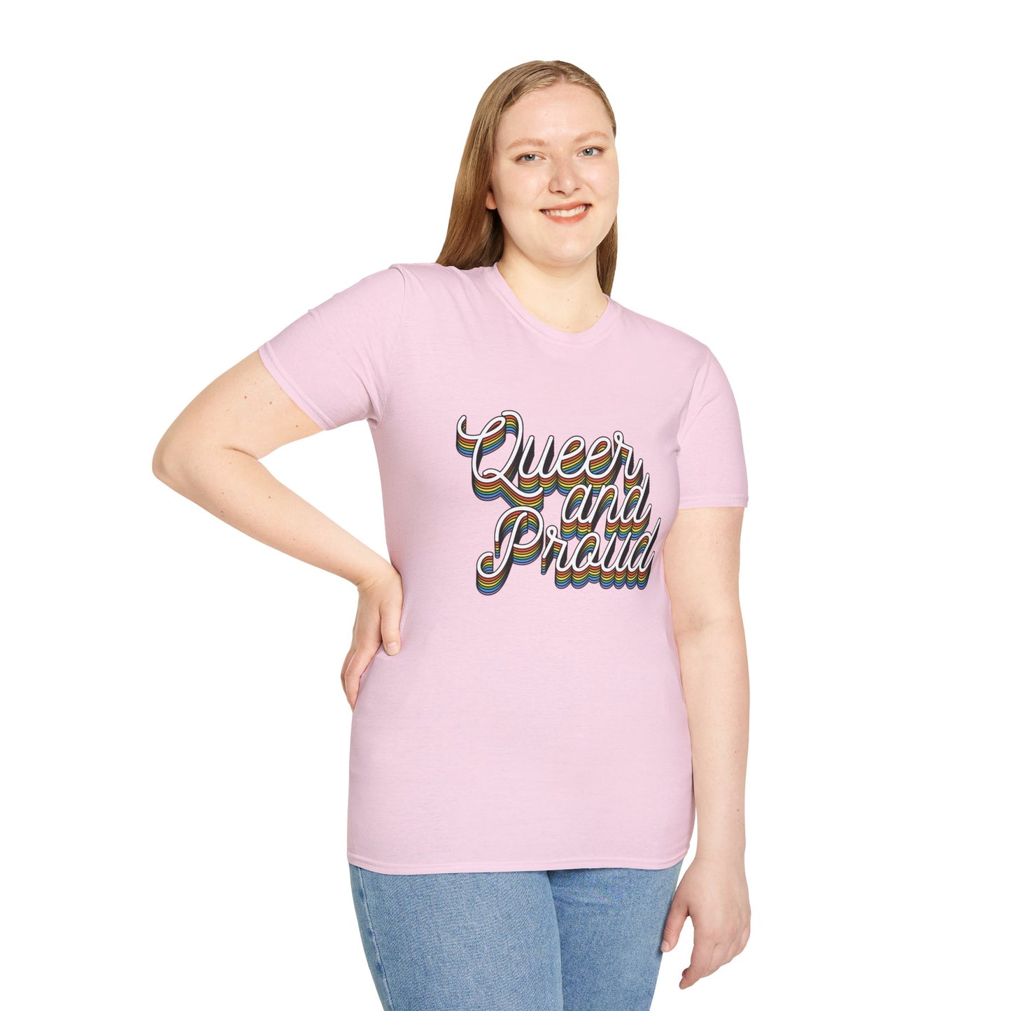 Queer and Proud T-Shirt – Rainbow Uplifted LGBTQ+ Pride Graphic Tee with Bold Inclusive Design