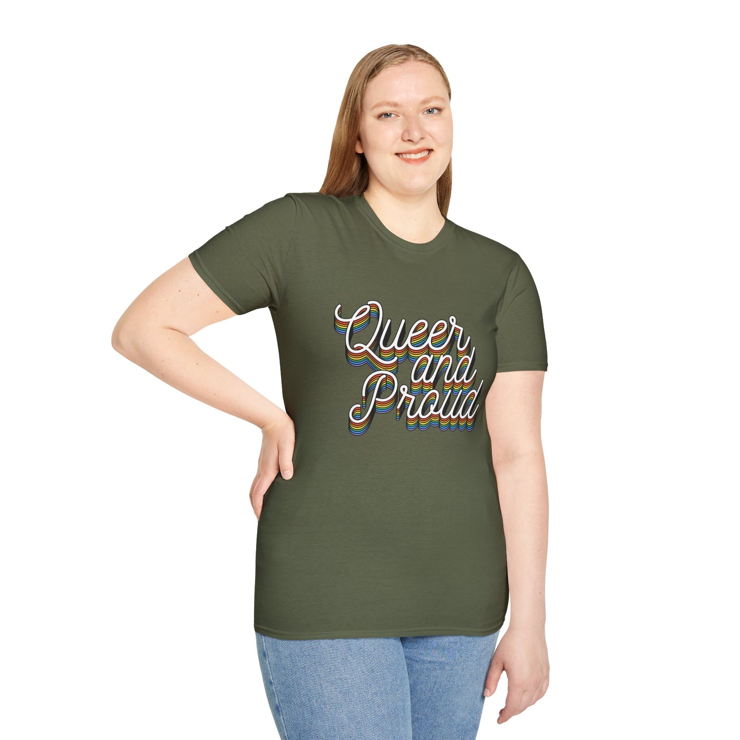 Queer and Proud T-Shirt – Rainbow Uplifted LGBTQ+ Pride Graphic Tee with Bold Inclusive Design