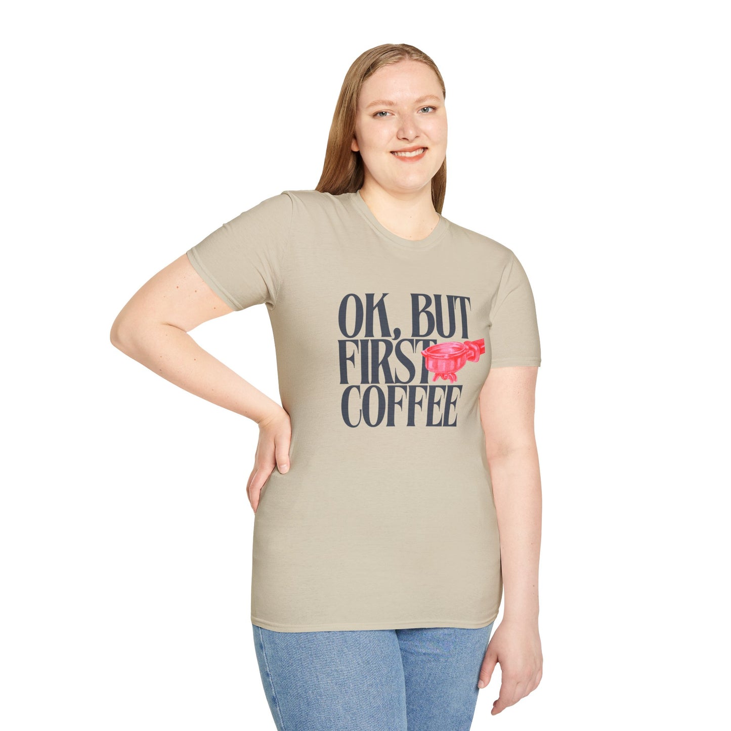 Okay But Coffee First T-Shirt – Retro Caffeine Lover Graphic Tee with Vintage-Inspired Typography