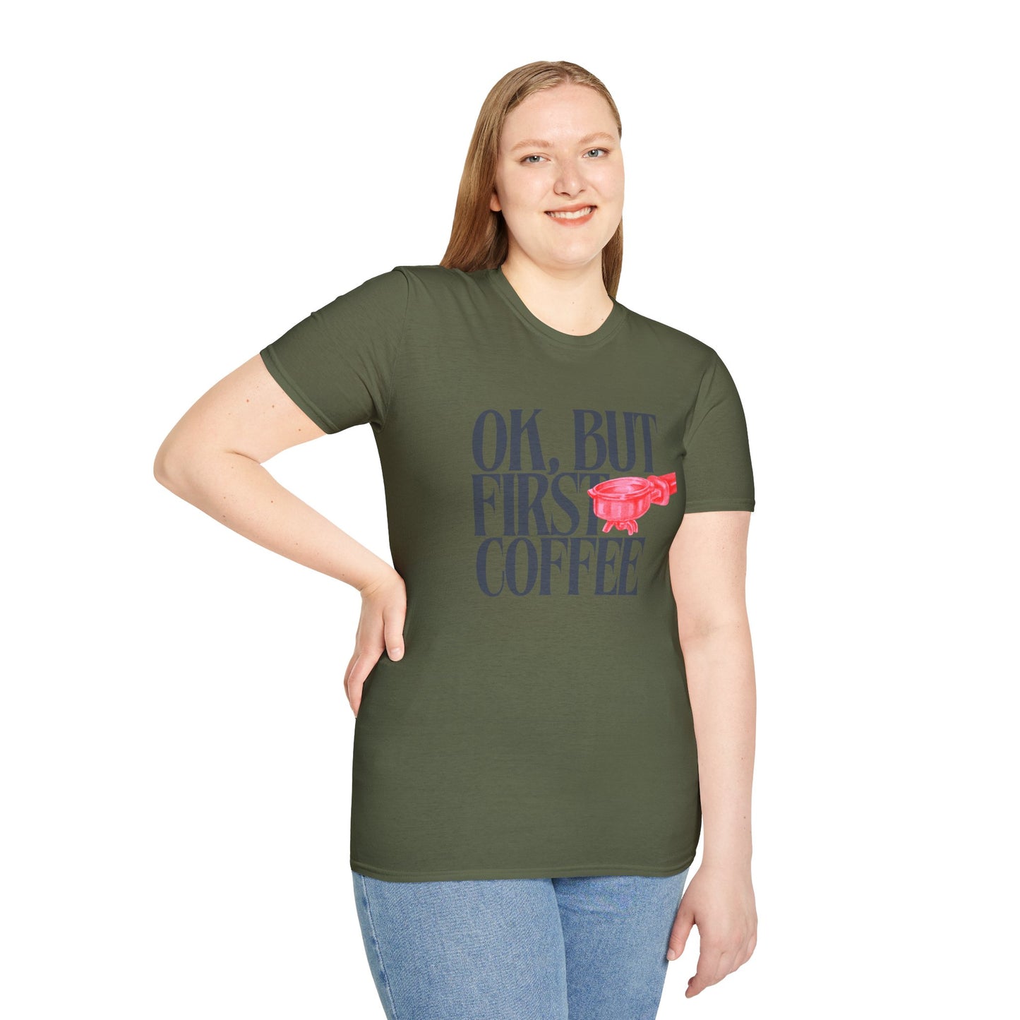 Okay But Coffee First T-Shirt – Retro Caffeine Lover Graphic Tee with Vintage-Inspired Typography