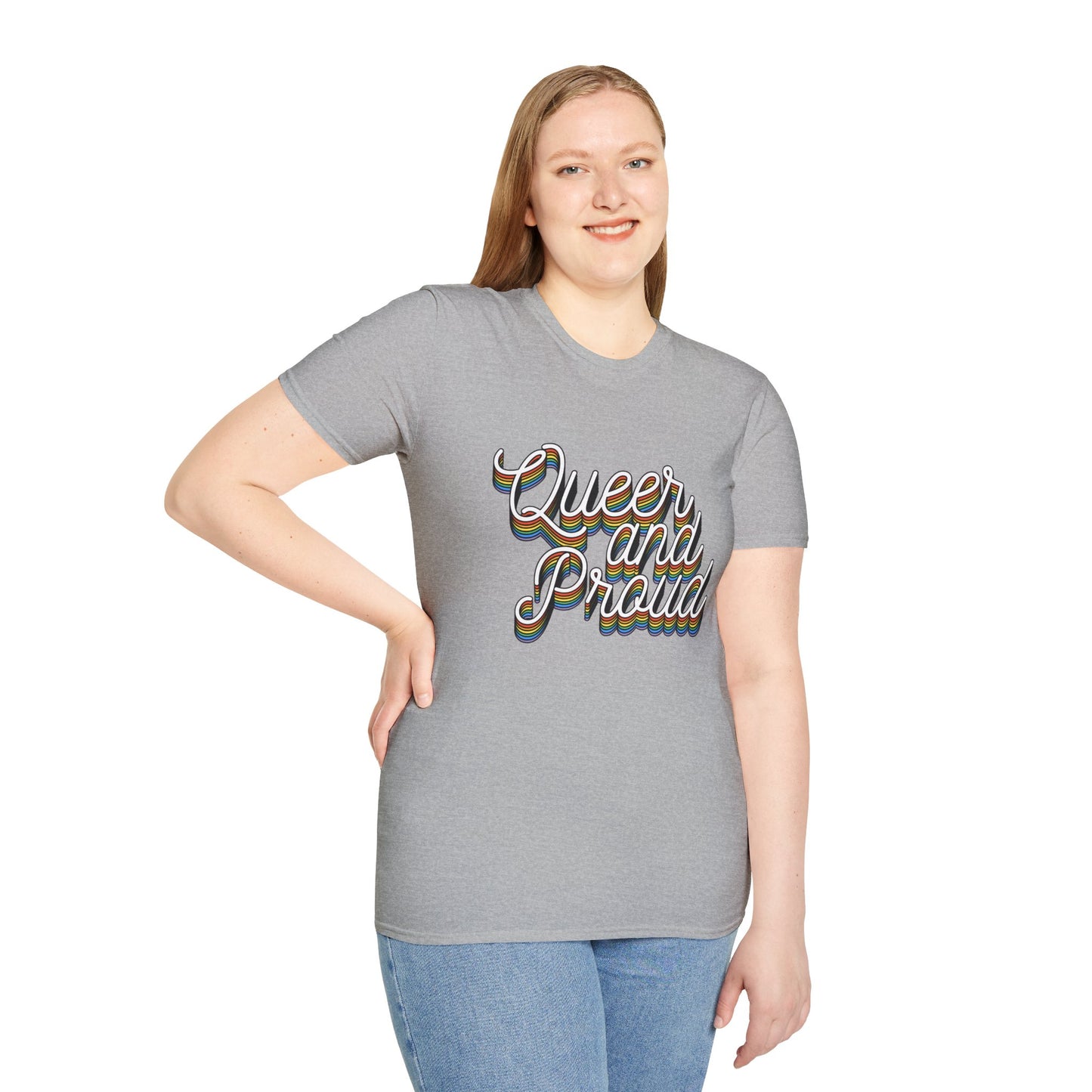 Queer and Proud T-Shirt – Rainbow Uplifted LGBTQ+ Pride Graphic Tee with Bold Inclusive Design