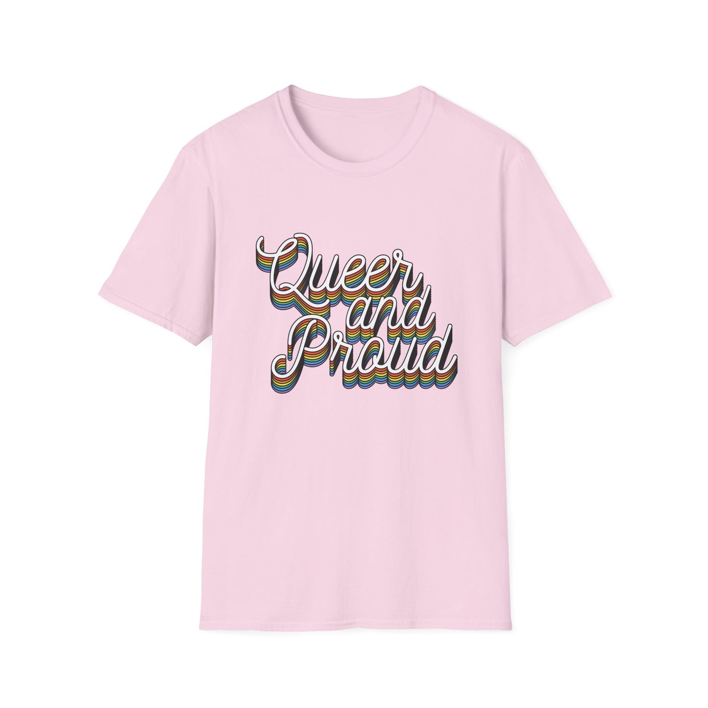Queer and Proud T-Shirt – Rainbow Uplifted LGBTQ+ Pride Graphic Tee with Bold Inclusive Design