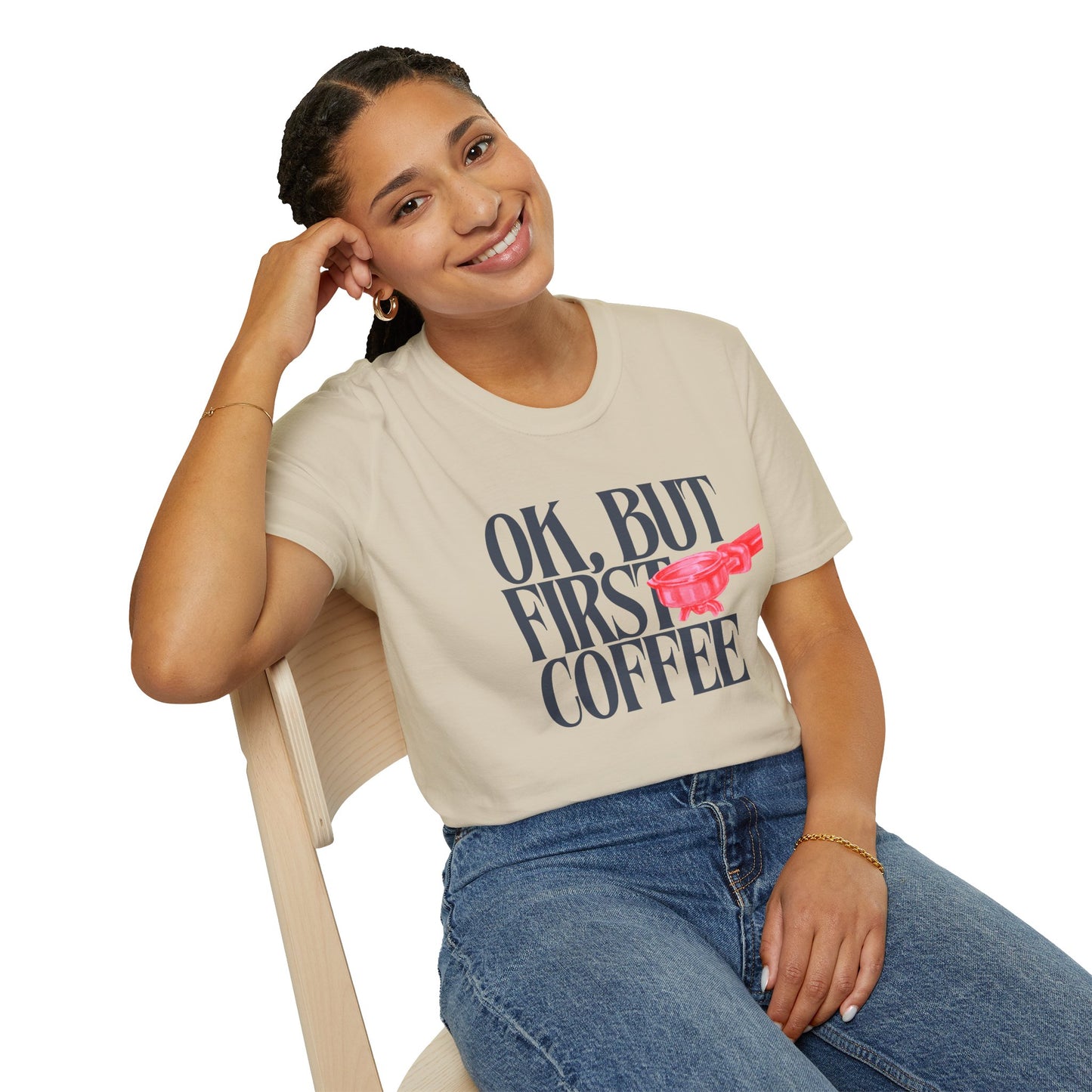 Okay But Coffee First T-Shirt – Retro Caffeine Lover Graphic Tee with Vintage-Inspired Typography