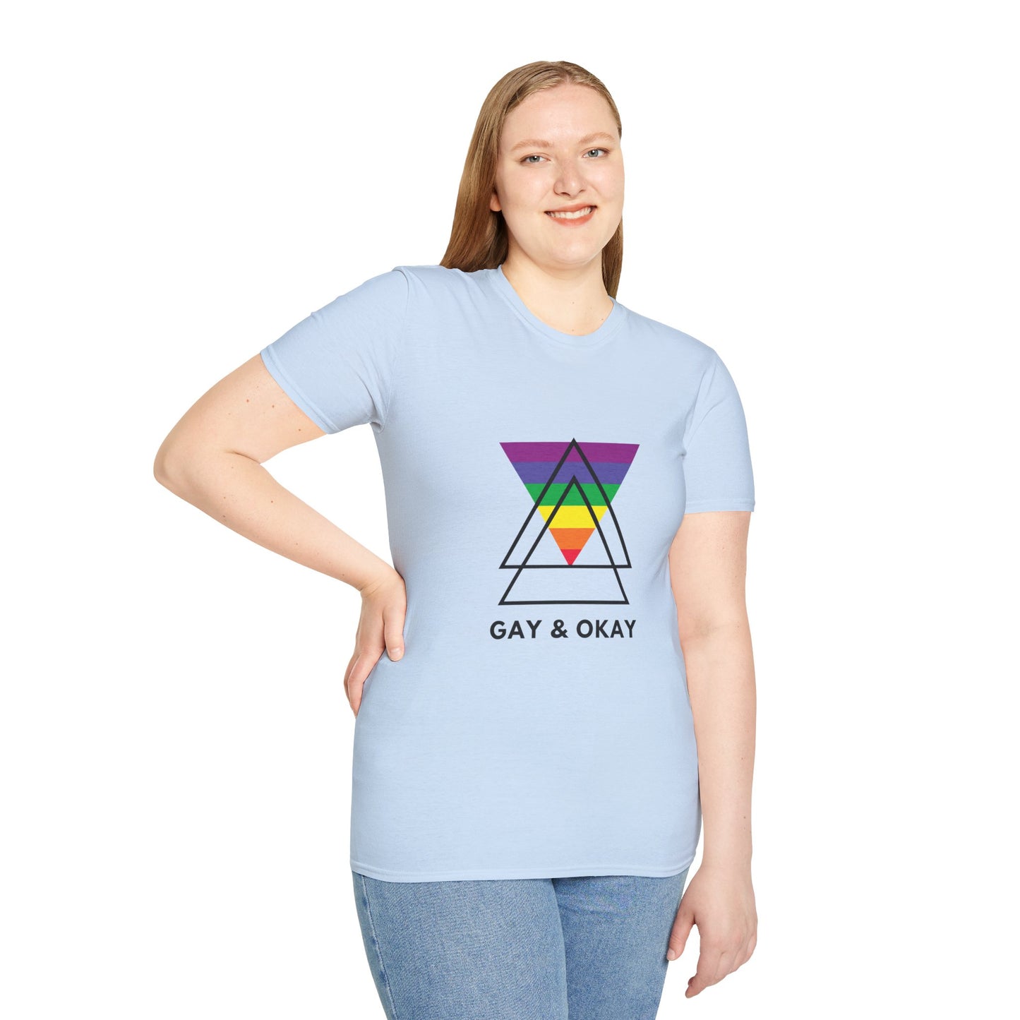 Gay and Okay T-Shirt – Geometric Rainbow LGBTQ+ Graphic Tee with Bold Inclusive Pride Design