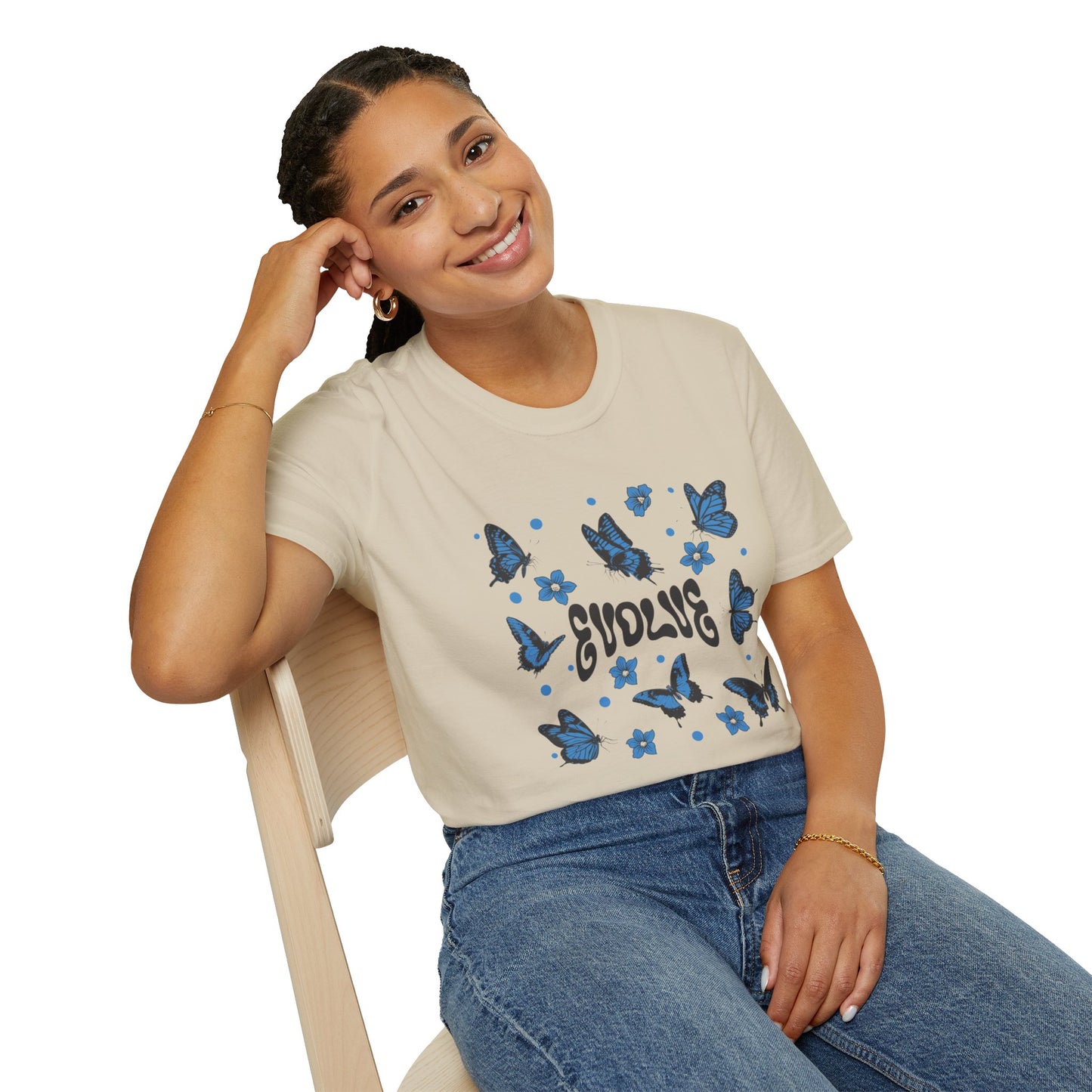 Evolve T-Shirt – Retro Butterfly Graphic Tee with Blue Vintage-Inspired Transformation Design