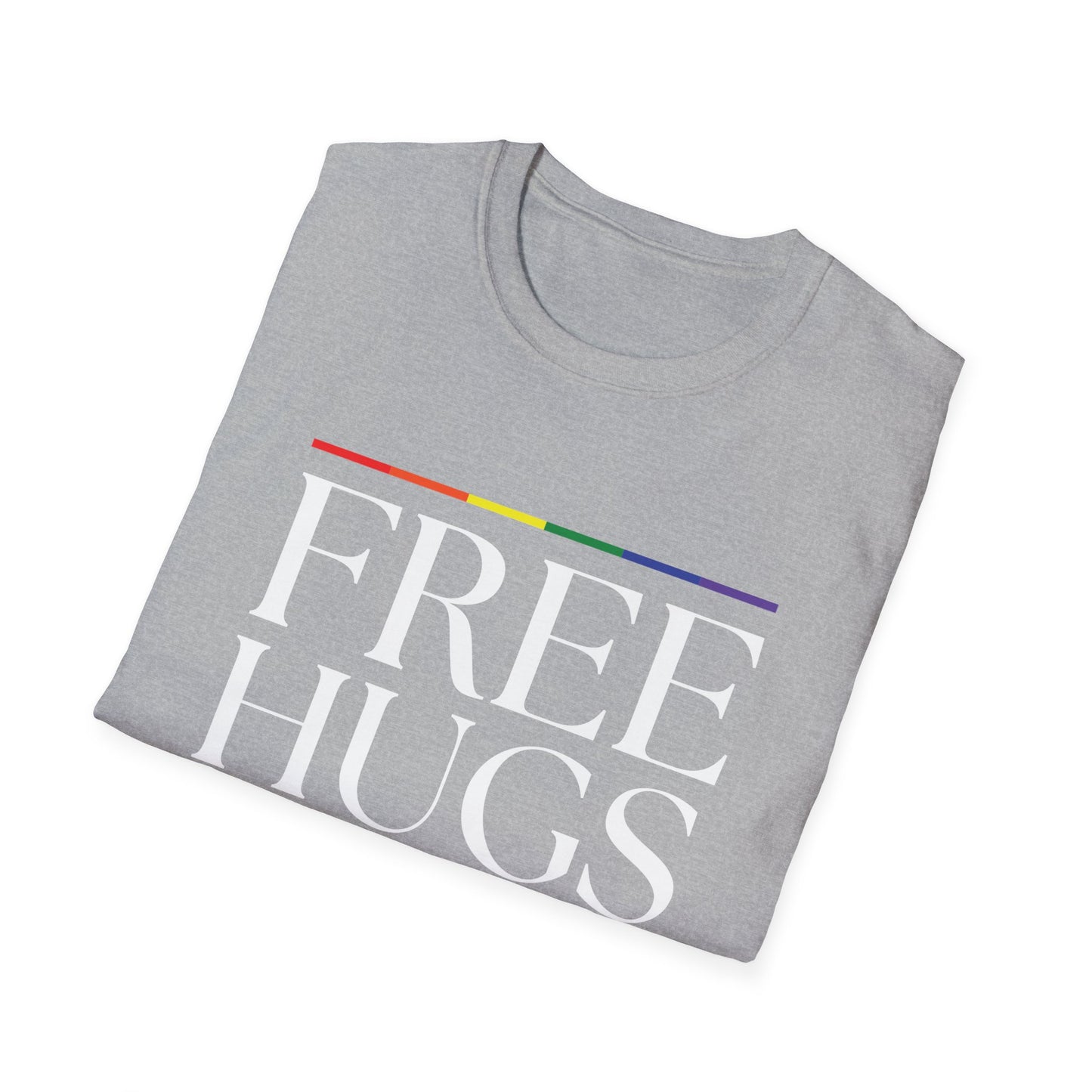 Free Hugs T-Shirt – Rainbow LGBTQ+ Pride Graphic Tee with Wholesome Inclusive Message