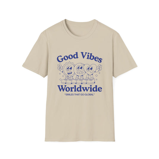 Good Vibes Worldwide T-Shirt – Retro Global Positivity Graphic Tee with Vintage Travel-Inspired Design
