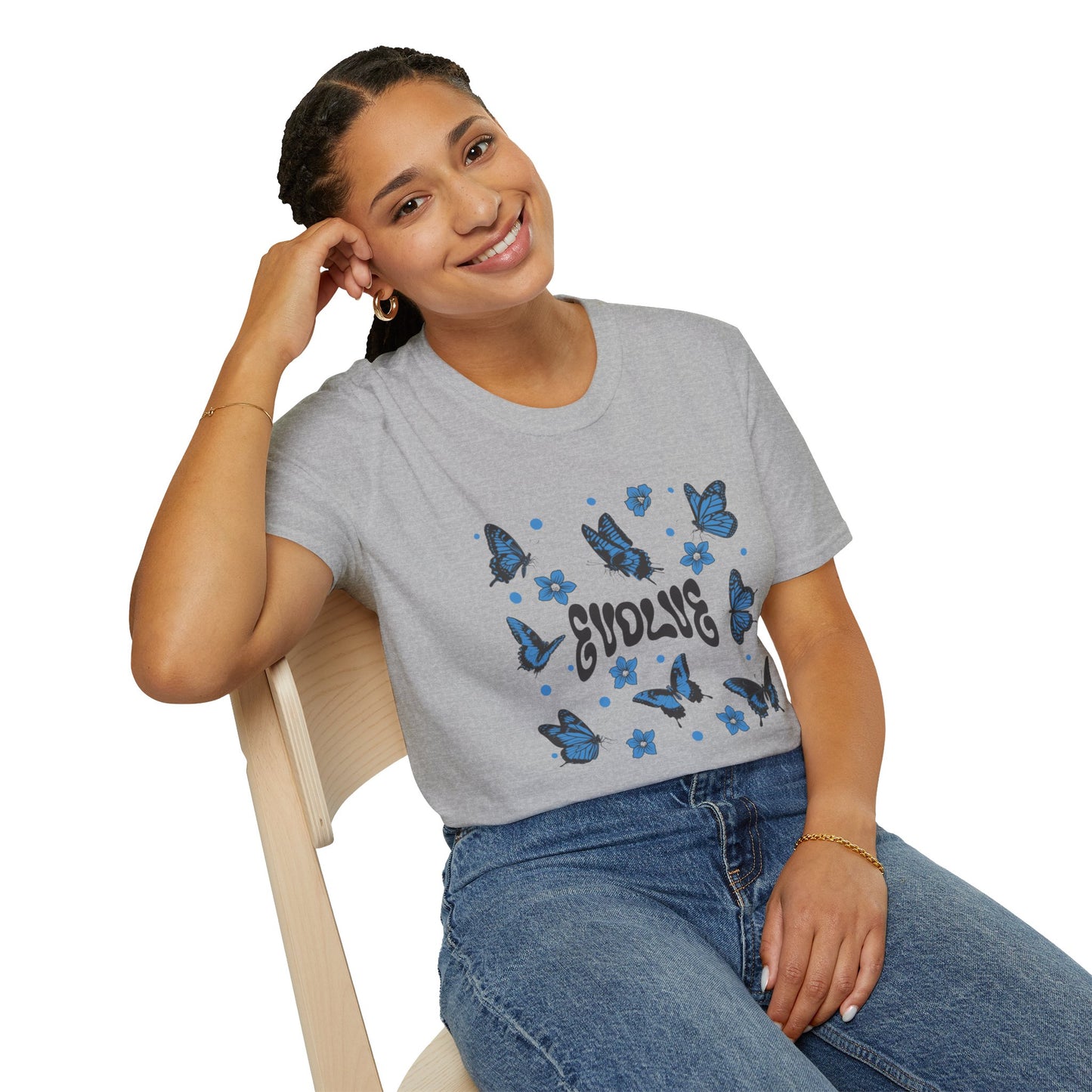 Evolve T-Shirt – Retro Butterfly Graphic Tee with Blue Vintage-Inspired Transformation Design