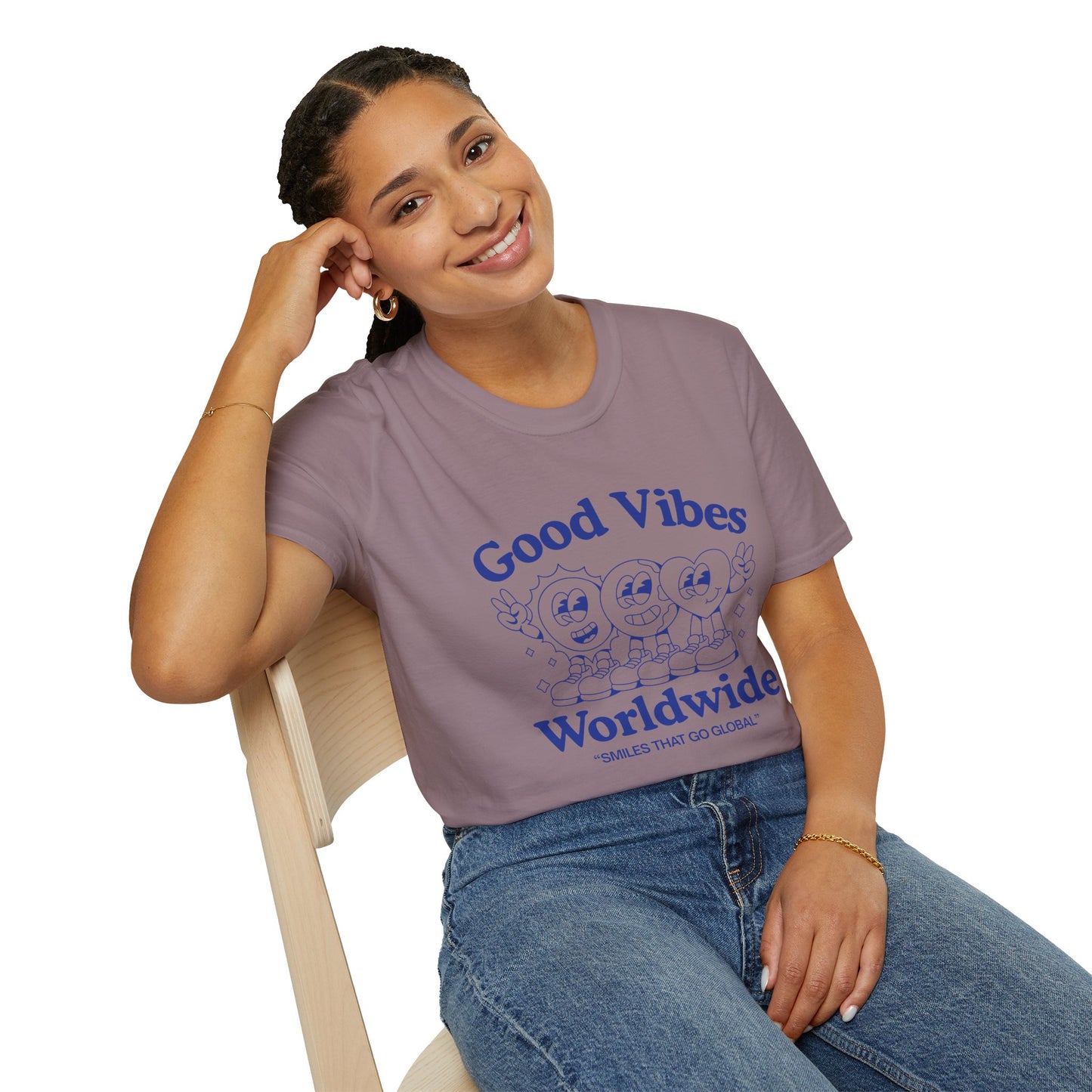 Good Vibes Worldwide T-Shirt – Retro Global Positivity Graphic Tee with Vintage Travel-Inspired Design