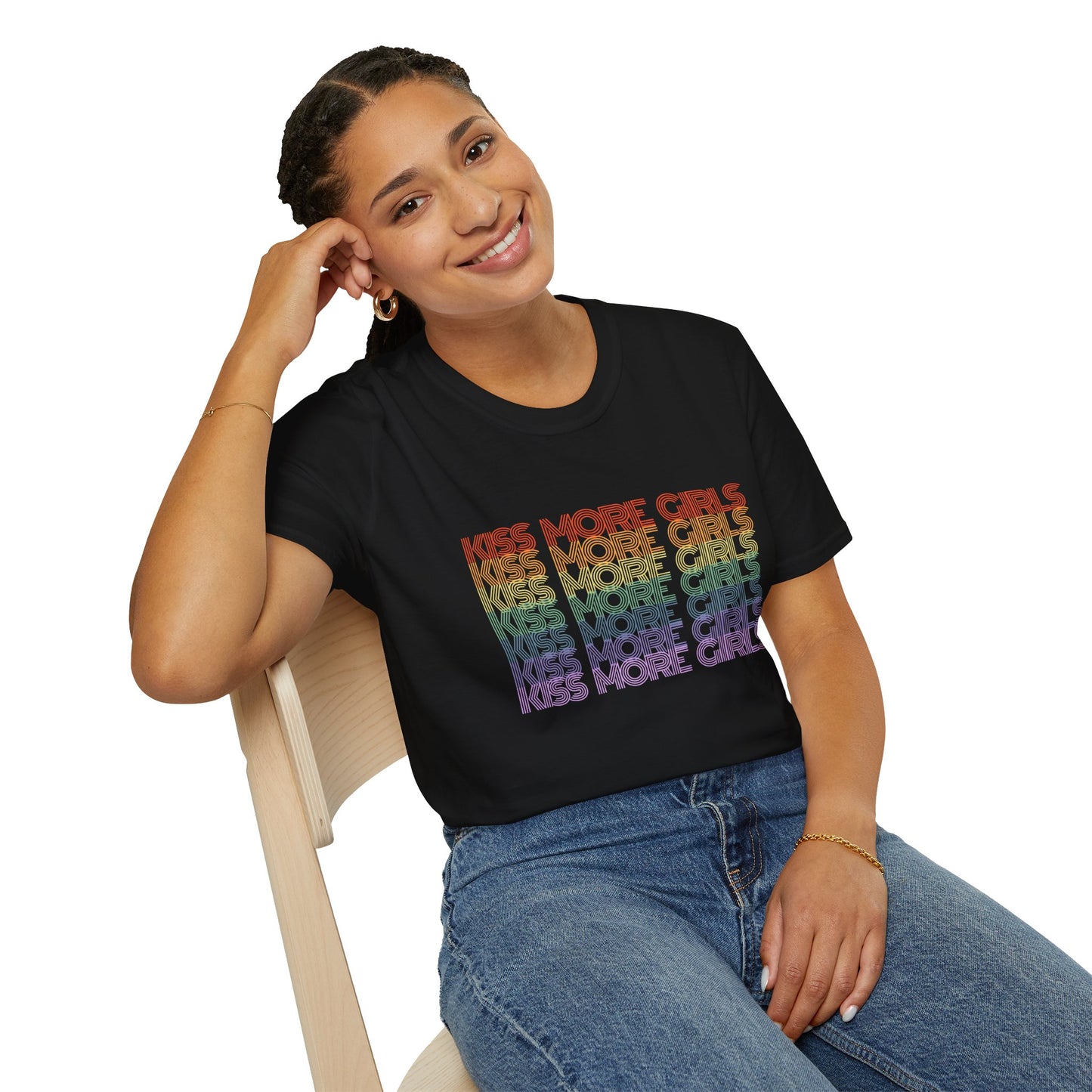 Kiss More Girls T-Shirt – Rainbow LGBTQ+ Pride Graphic Tee with Bold Inclusive & Playful Message