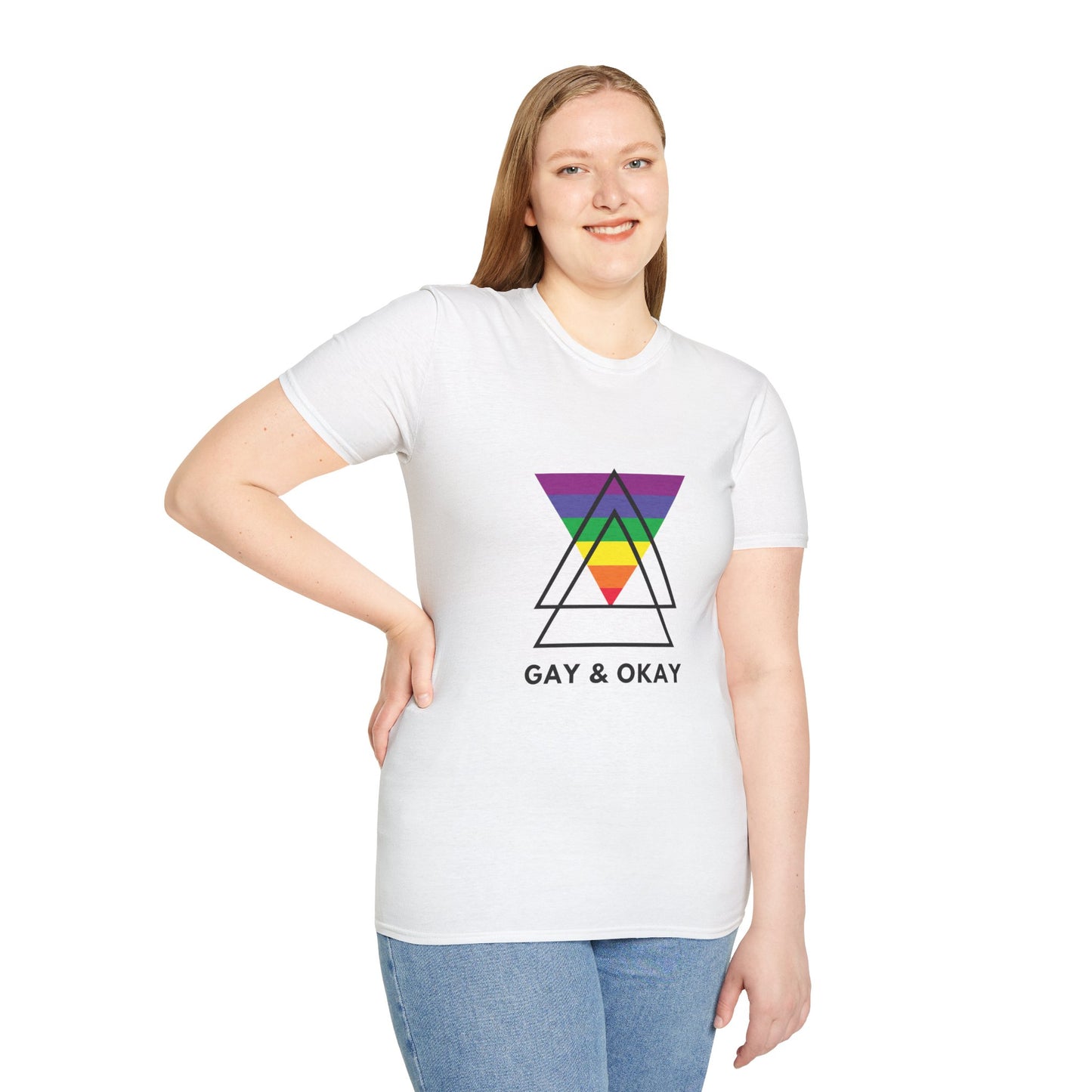 Gay and Okay T-Shirt – Geometric Rainbow LGBTQ+ Graphic Tee with Bold Inclusive Pride Design