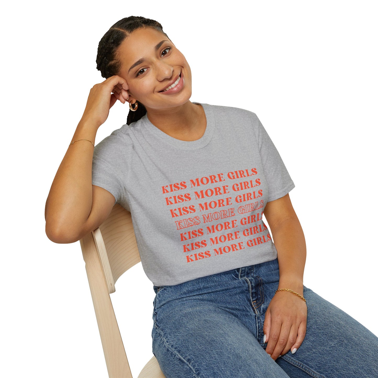 Kiss More Girls T-Shirt – Bold Red Font LGBTQ+ Pride Graphic Tee with Playful Feminine Message