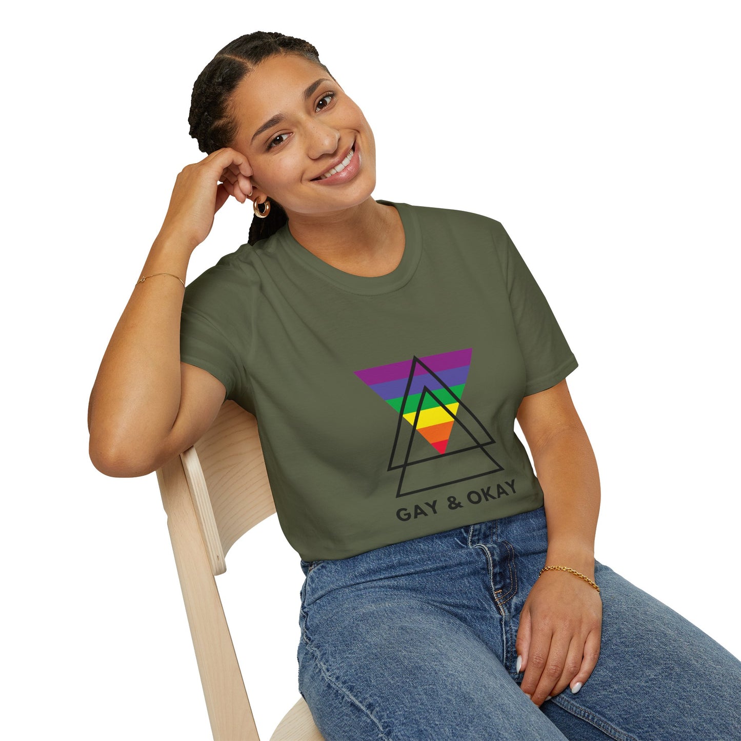 Gay and Okay T-Shirt – Geometric Rainbow LGBTQ+ Graphic Tee with Bold Inclusive Pride Design