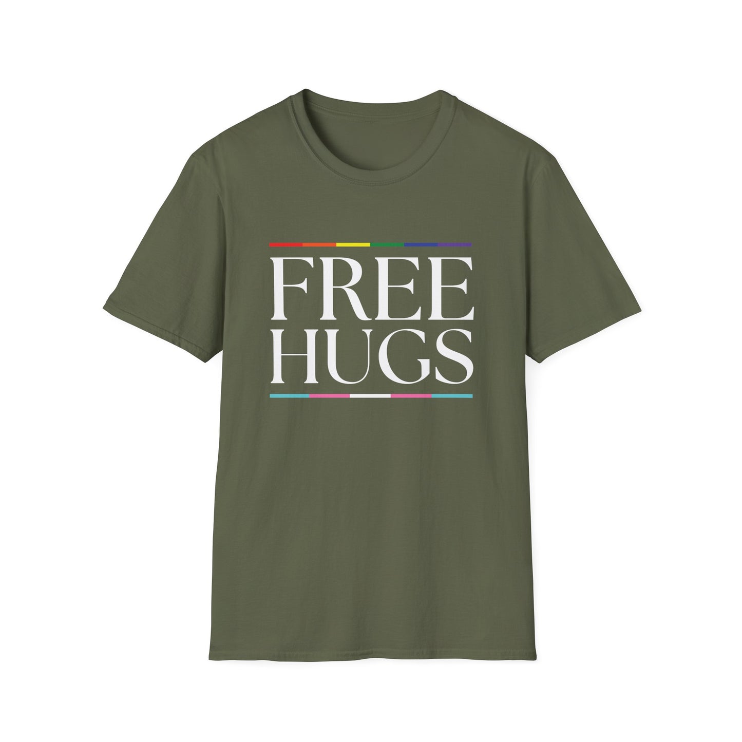 Free Hugs T-Shirt – Rainbow LGBTQ+ Pride Graphic Tee with Wholesome Inclusive Message