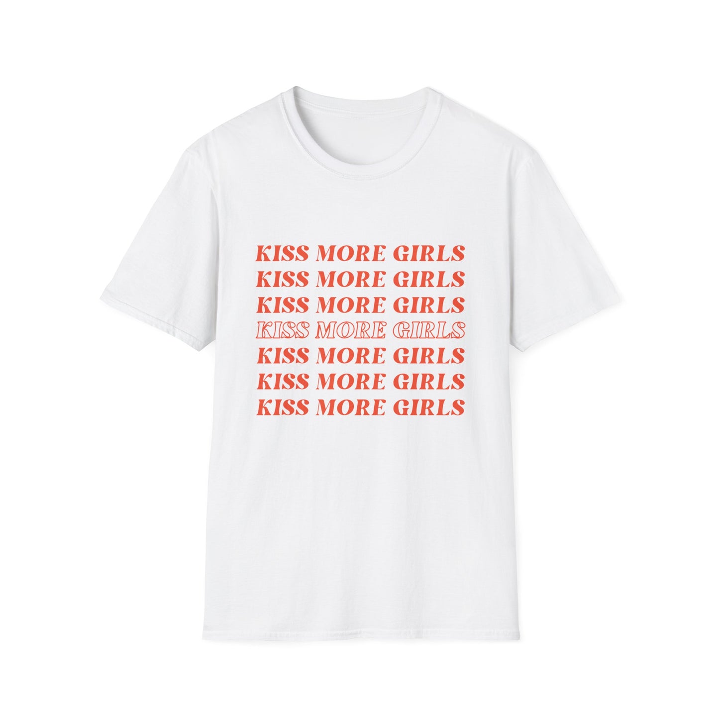 Kiss More Girls T-Shirt – Bold Red Font LGBTQ+ Pride Graphic Tee with Playful Feminine Message