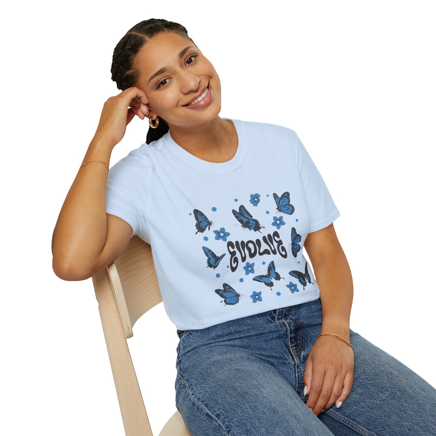 Evolve T-Shirt – Retro Butterfly Graphic Tee with Blue Vintage-Inspired Transformation Design