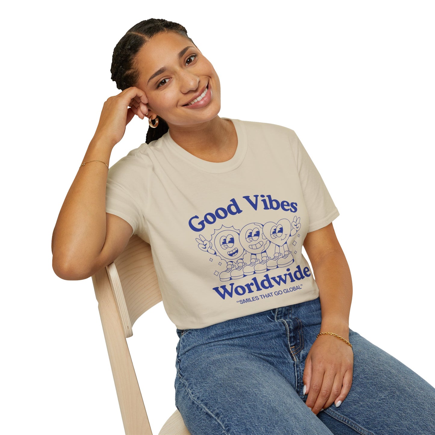 Good Vibes Worldwide T-Shirt – Retro Global Positivity Graphic Tee with Vintage Travel-Inspired Design
