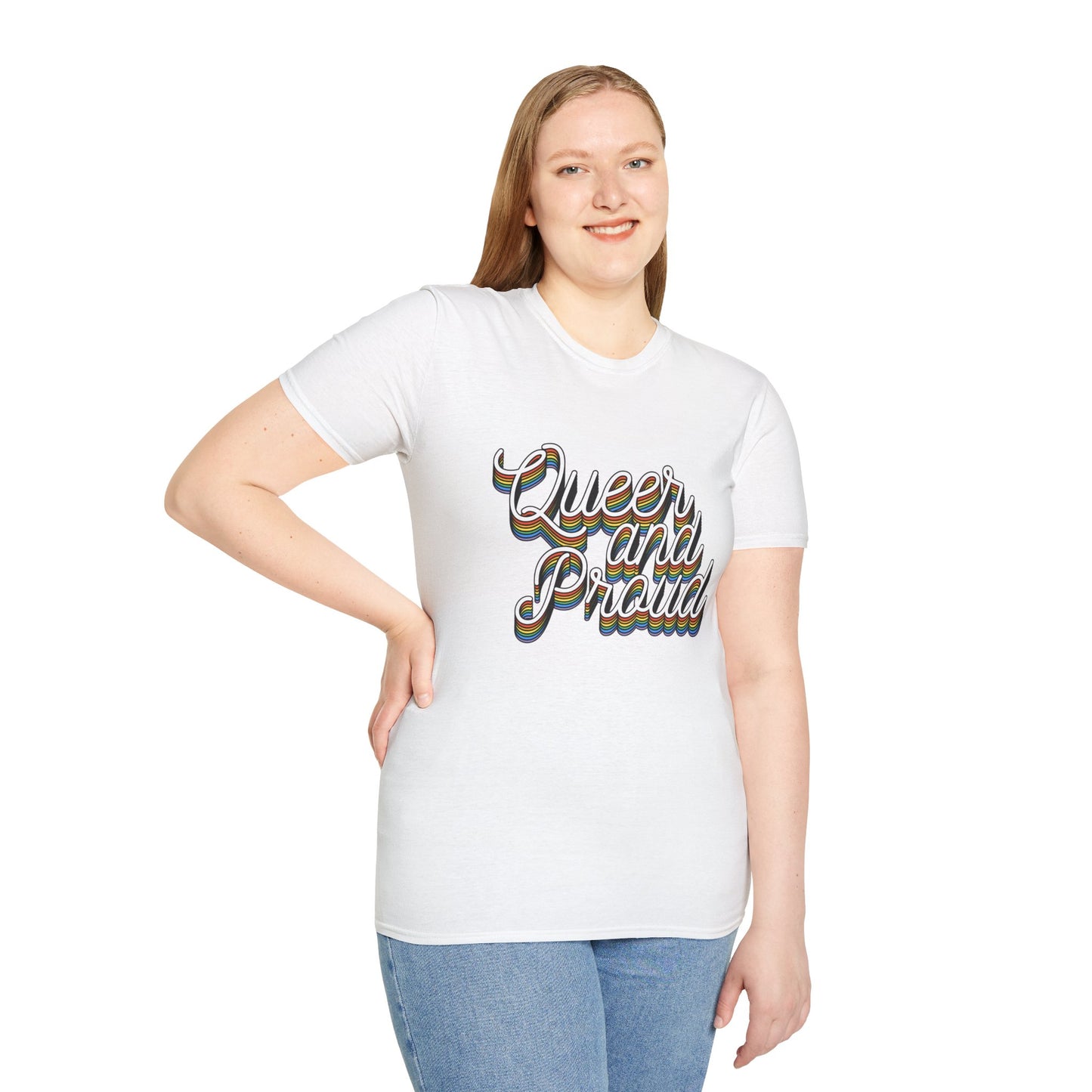 Queer and Proud T-Shirt – Rainbow Uplifted LGBTQ+ Pride Graphic Tee with Bold Inclusive Design