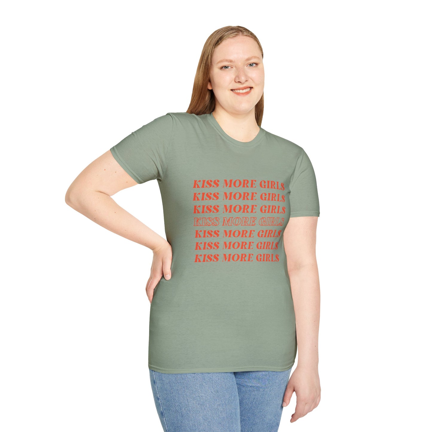 Kiss More Girls T-Shirt – Bold Red Font LGBTQ+ Pride Graphic Tee with Playful Feminine Message