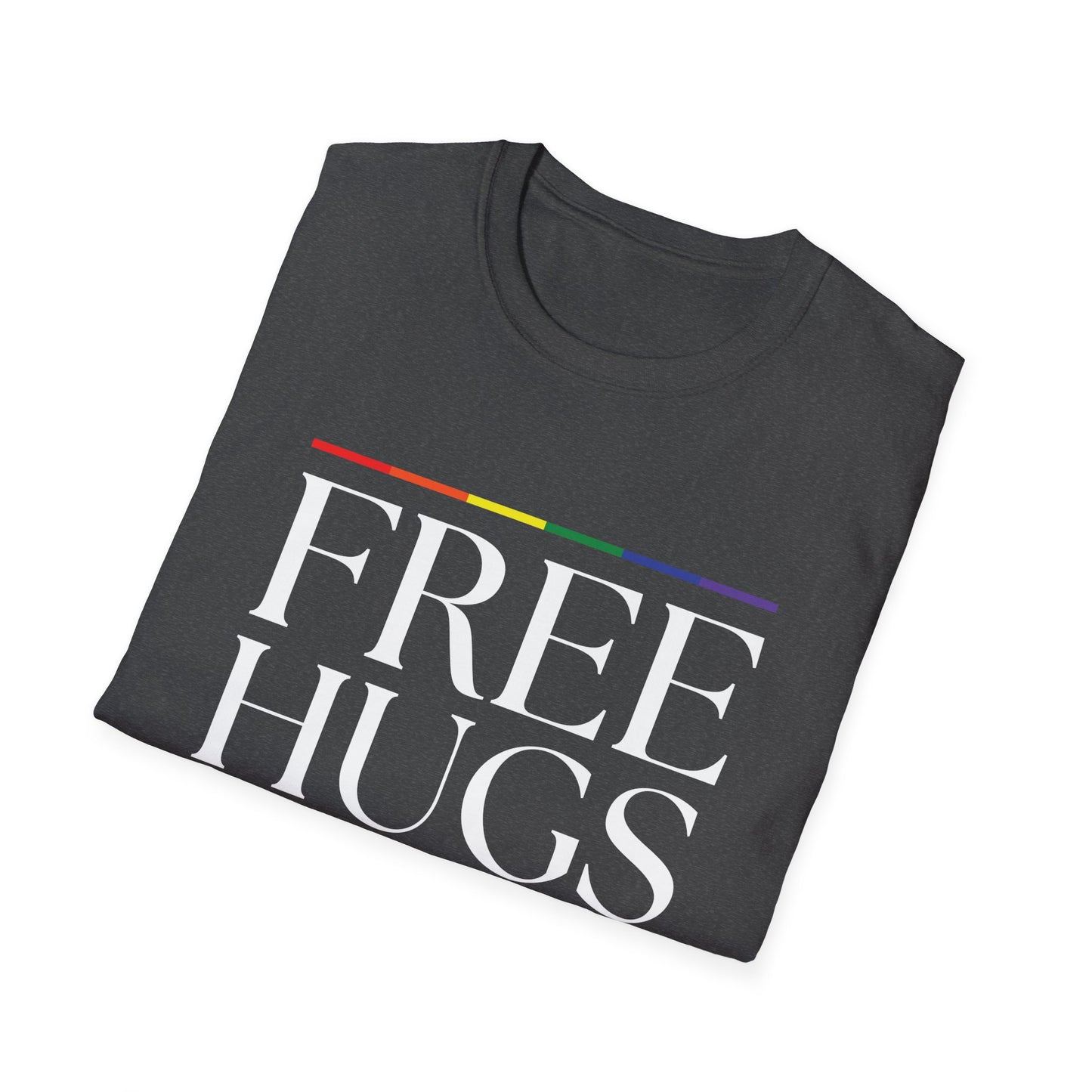 Free Hugs T-Shirt – Rainbow LGBTQ+ Pride Graphic Tee with Wholesome Inclusive Message