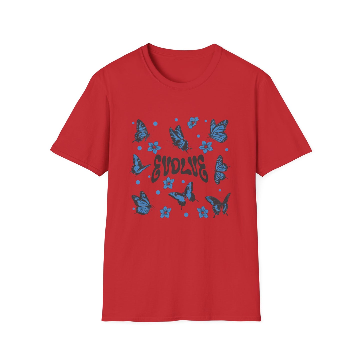 Evolve T-Shirt – Retro Butterfly Graphic Tee with Blue Vintage-Inspired Transformation Design
