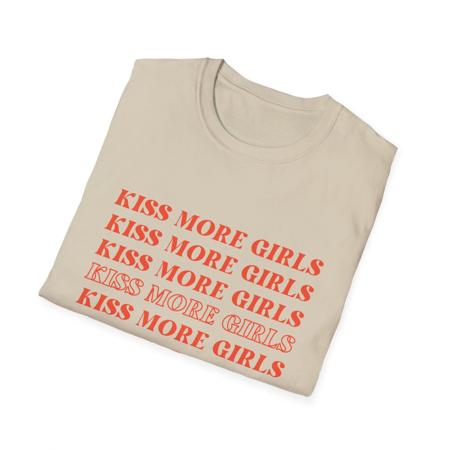Kiss More Girls T-Shirt – Bold Red Font LGBTQ+ Pride Graphic Tee with Playful Feminine Message