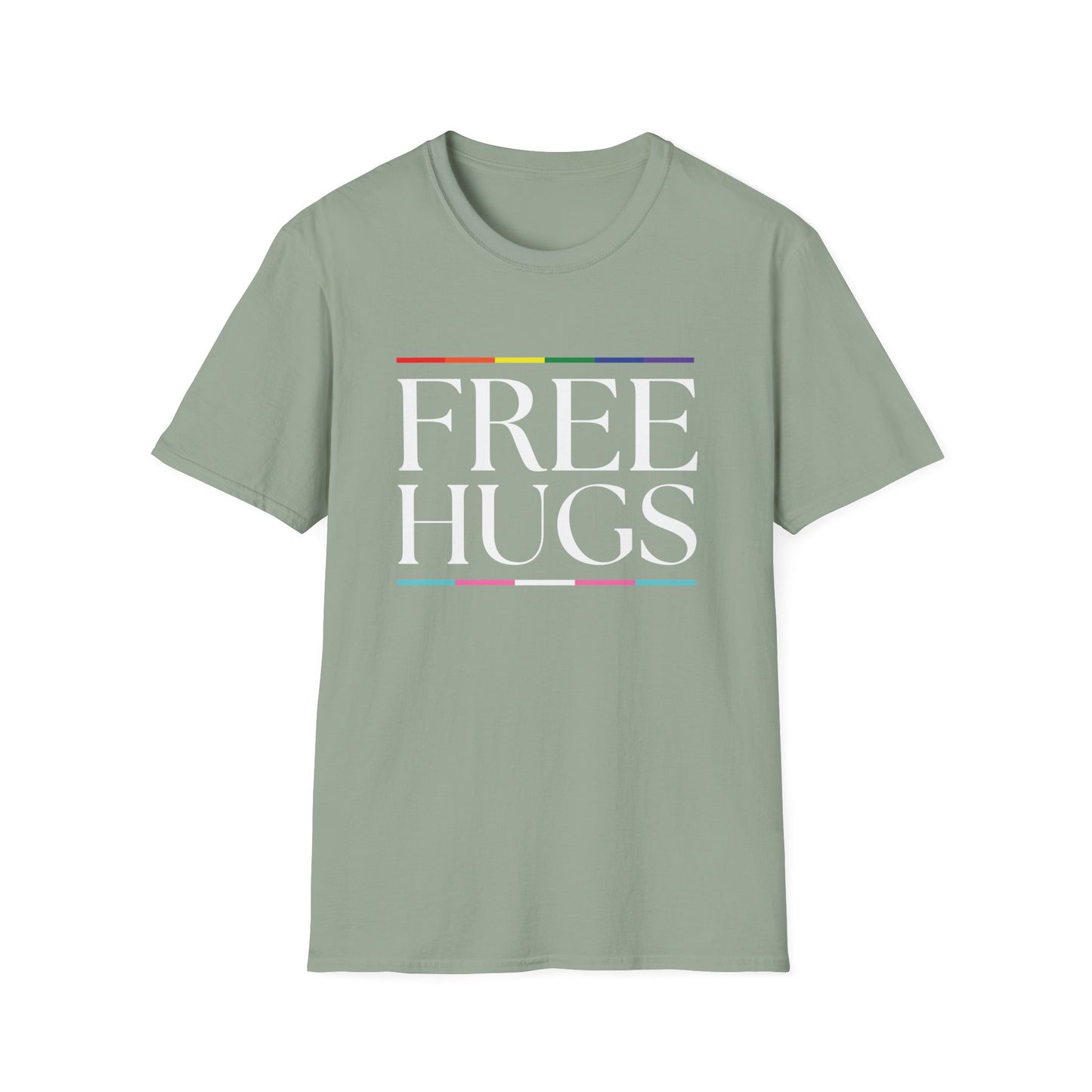 Free Hugs T-Shirt – Rainbow LGBTQ+ Pride Graphic Tee with Wholesome Inclusive Message