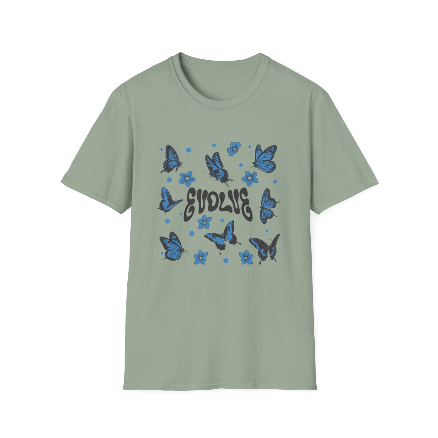 Evolve T-Shirt – Retro Butterfly Graphic Tee with Blue Vintage-Inspired Transformation Design