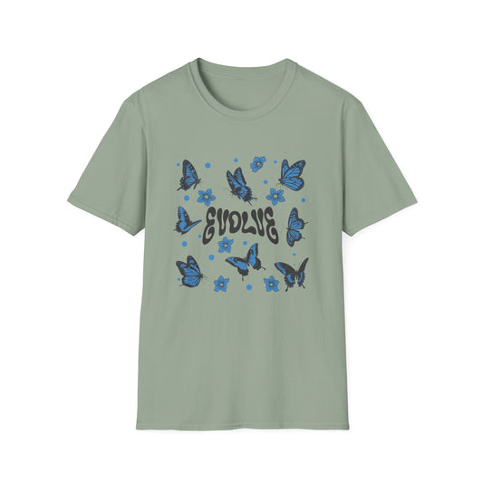 Evolve T-Shirt – Retro Butterfly Graphic Tee with Blue Vintage-Inspired Transformation Design