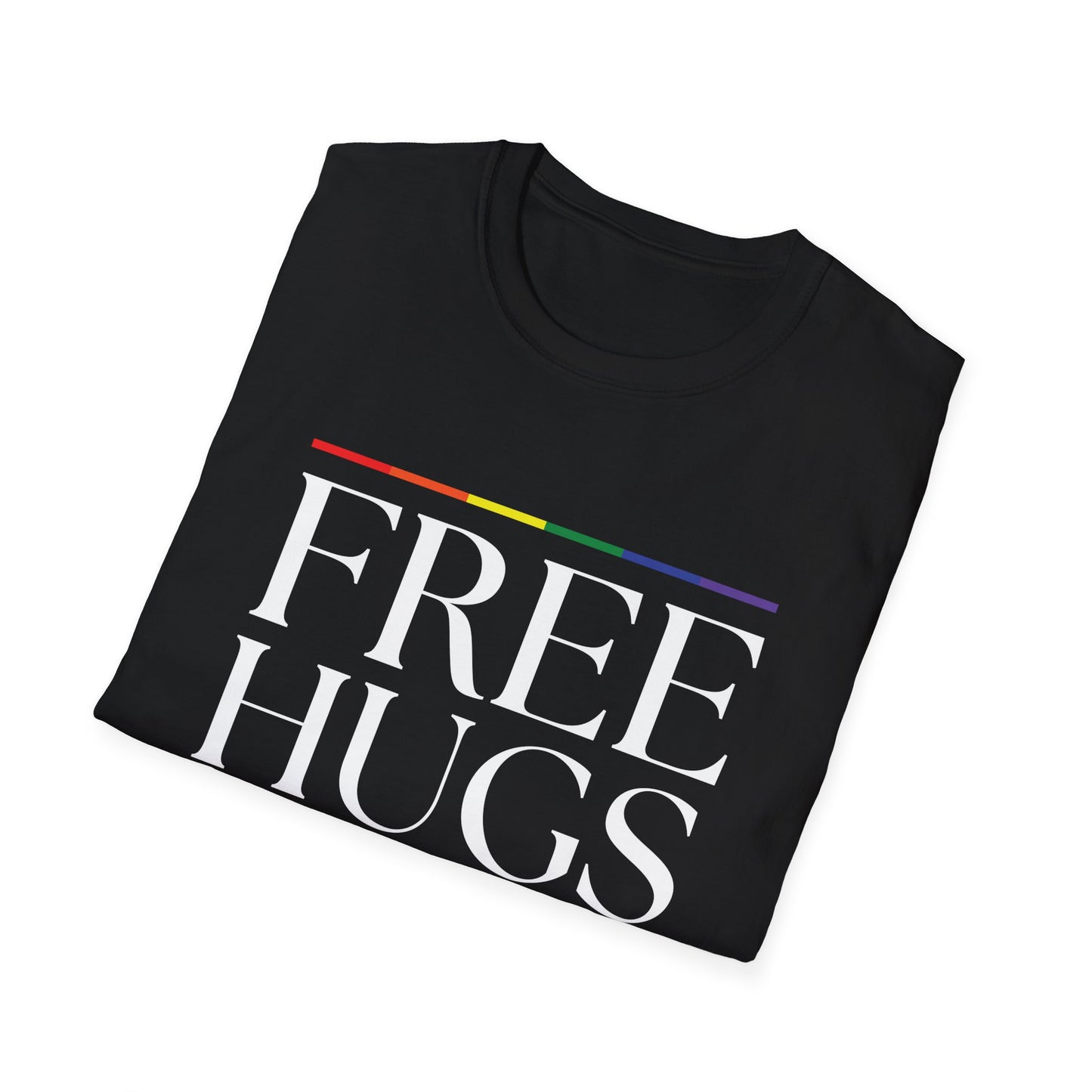 Free Hugs T-Shirt – Rainbow LGBTQ+ Pride Graphic Tee with Wholesome Inclusive Message