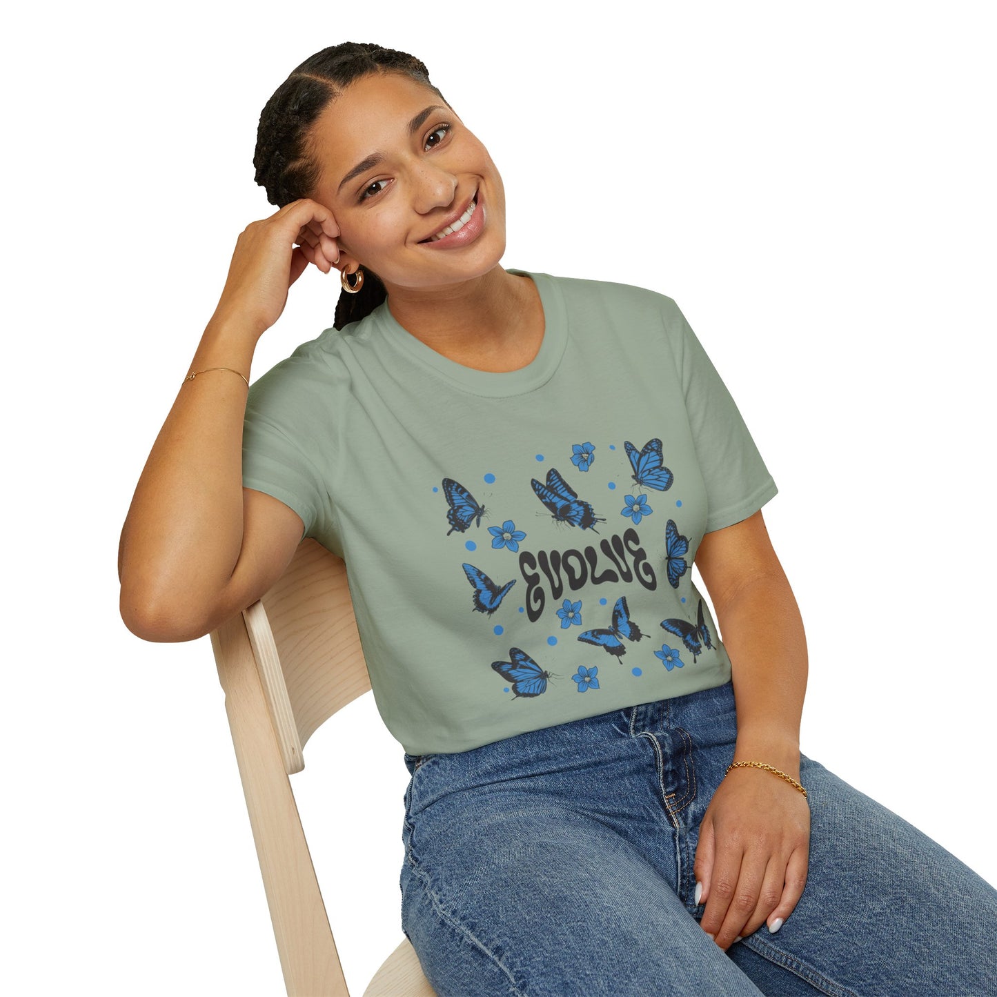 Evolve T-Shirt – Retro Butterfly Graphic Tee with Blue Vintage-Inspired Transformation Design