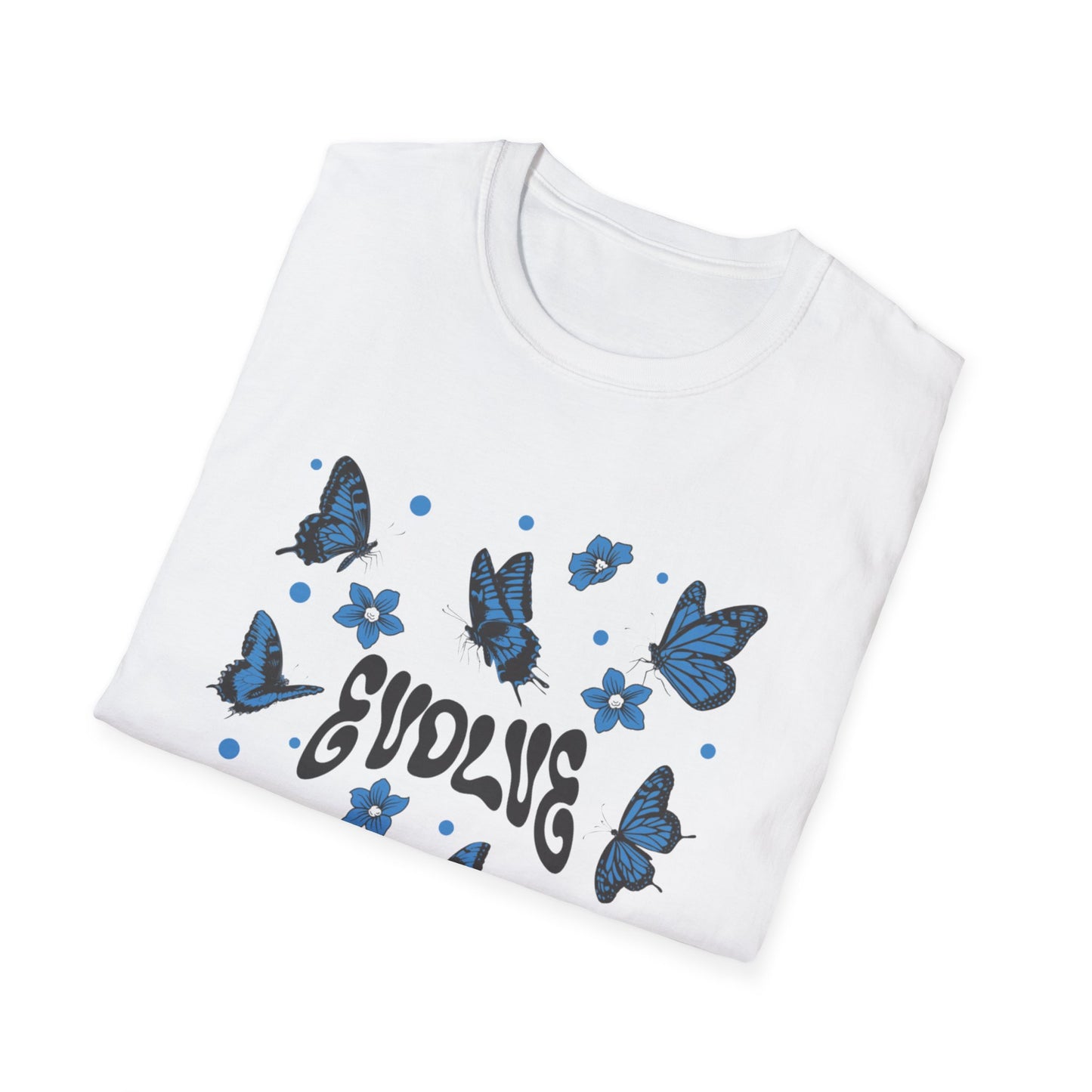 Evolve T-Shirt – Retro Butterfly Graphic Tee with Blue Vintage-Inspired Transformation Design