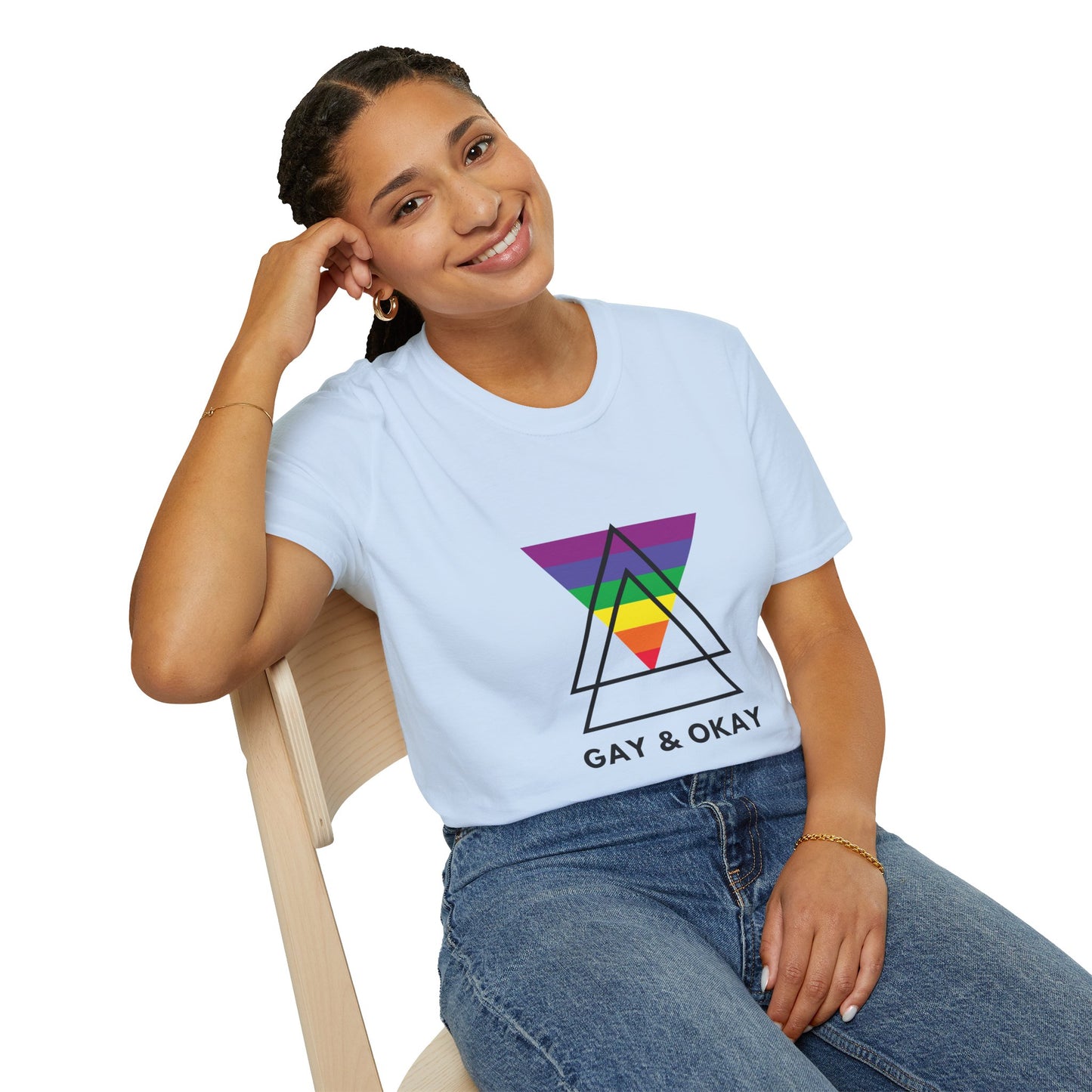 Gay and Okay T-Shirt – Geometric Rainbow LGBTQ+ Graphic Tee with Bold Inclusive Pride Design
