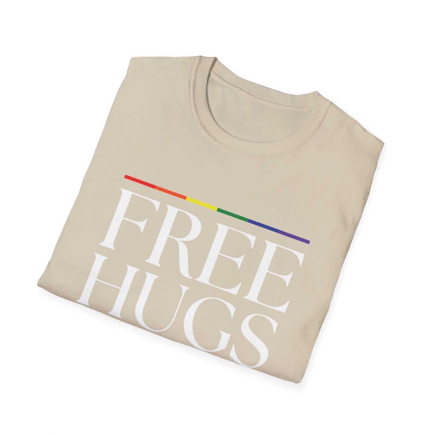 Free Hugs T-Shirt – Rainbow LGBTQ+ Pride Graphic Tee with Wholesome Inclusive Message