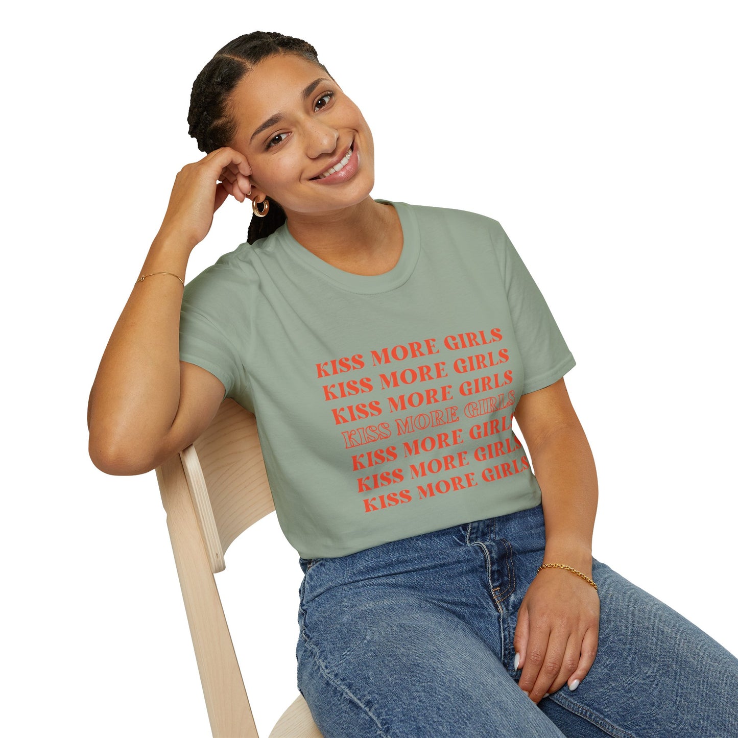Kiss More Girls T-Shirt – Bold Red Font LGBTQ+ Pride Graphic Tee with Playful Feminine Message