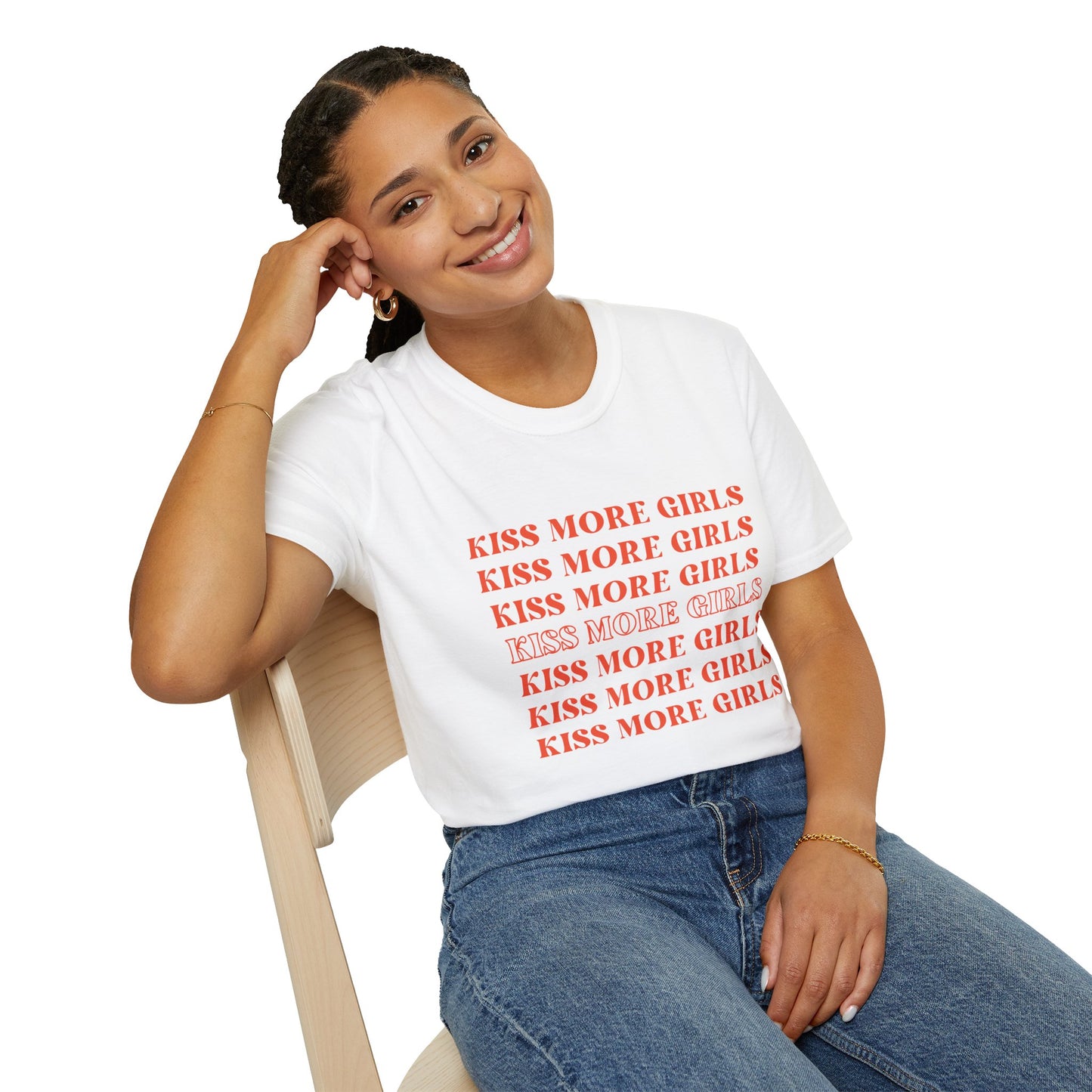 Kiss More Girls T-Shirt – Bold Red Font LGBTQ+ Pride Graphic Tee with Playful Feminine Message
