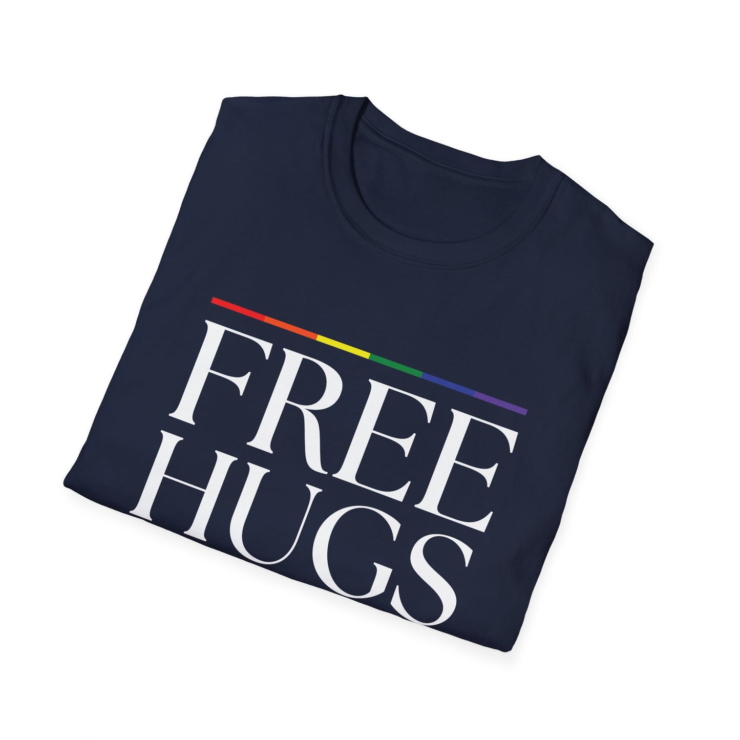 Free Hugs T-Shirt – Rainbow LGBTQ+ Pride Graphic Tee with Wholesome Inclusive Message